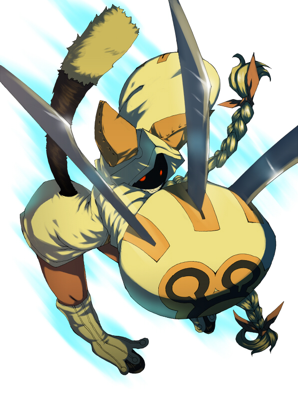 yosimura, taokaka, arc system works, blazblue, bad id, bad pixiv id, animal hood, blonde hair, braid, cat hood, claws, grin, hood, red eyes, smile, solo, tail, twin braids