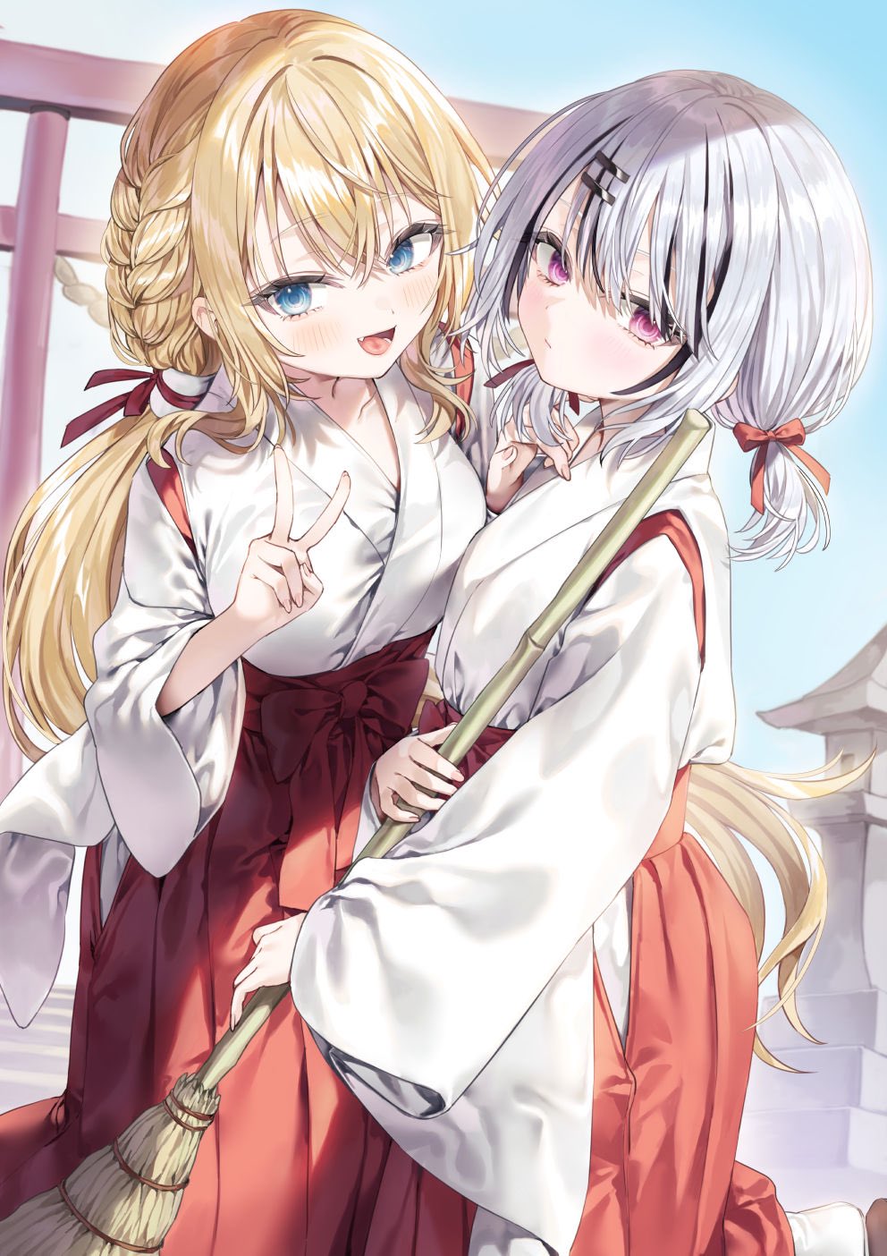 yana mori, original, highres, 2girls, black hair, blonde hair, blue eyes, braid, broom, closed mouth, grey hair, hair ornament, hairclip, hakama, holding, holding broom, japanese clothes, long hair, looking at viewer, miko, multicolored hair, multiple girls, open mouth, parallel hairclips, purple eyes, red hakama, short hair, short twintails, shrine, streaked hair, torii, twintails, v, white kosode