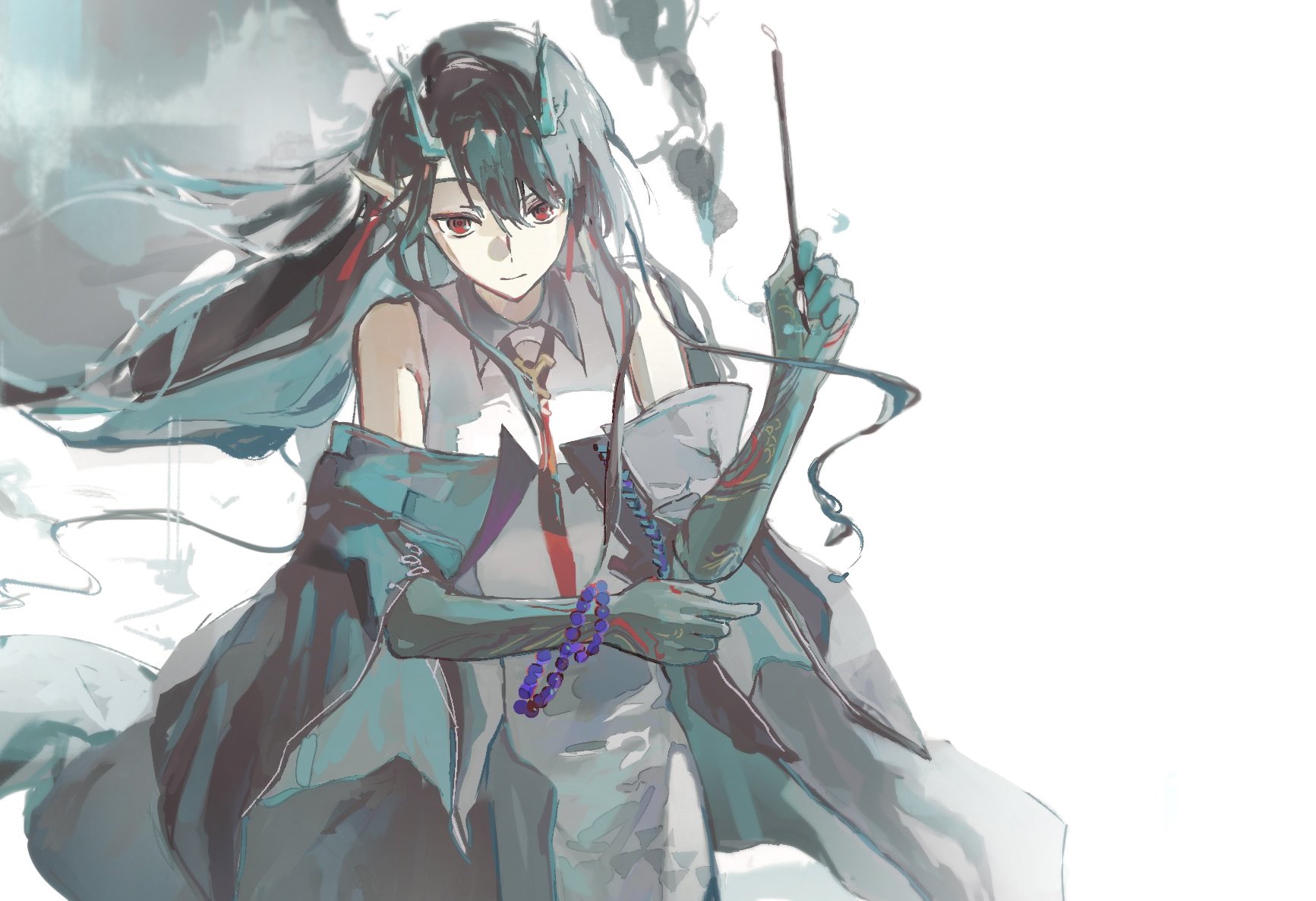 dusk (arknights), arknights, highres, 1girl, black hair, dragon girl, dragon horns, dragon tail, earrings, eastern dragon tail, green horns, hair over one eye, horns, jewelry, long hair, pointy ears, red eyes, sakura no uta123, solo, tail, tassel, tassel earrings