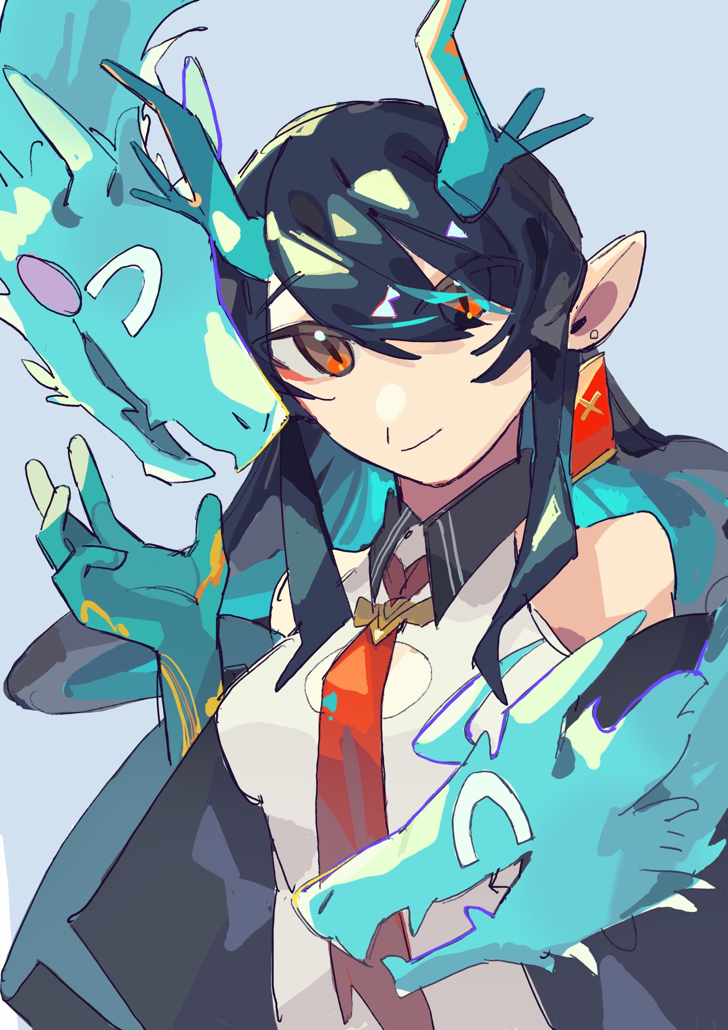 dusk (arknights), arknights, highres, 1girl, black hair, dekaimikan014, dragon girl, dragon horns, dragon tail, earrings, eastern dragon tail, green horns, hair over one eye, horns, jewelry, long hair, pointy ears, red eyes, solo, tail, tassel, tassel earrings