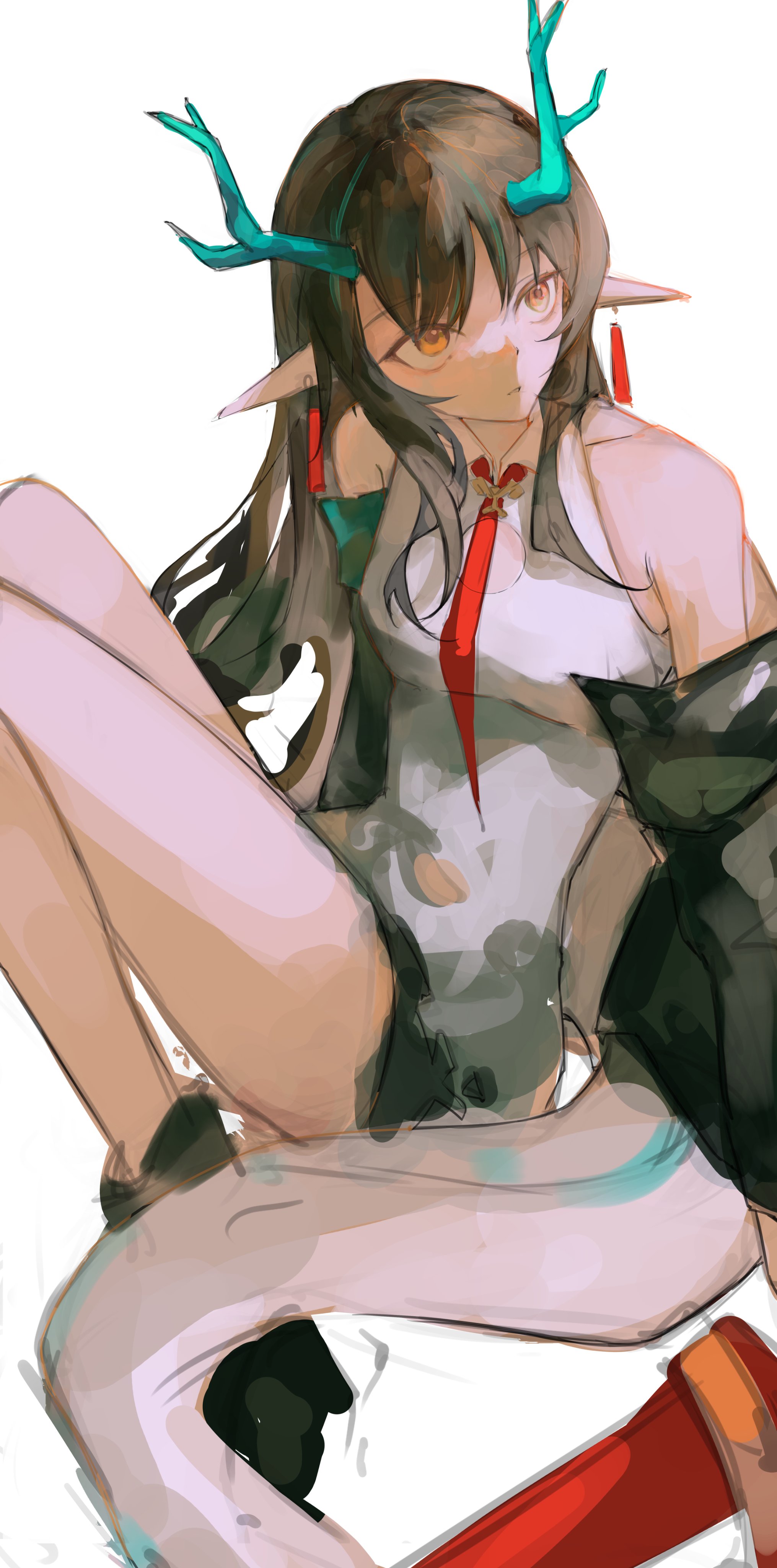 lch, dusk (arknights), arknights, absurdres, highres, 1girl, black hair, dragon girl, dragon horns, dragon tail, earrings, eastern dragon tail, green horns, hair over one eye, horns, jewelry, long hair, pointy ears, red eyes, solo, tail, tassel, tassel earrings