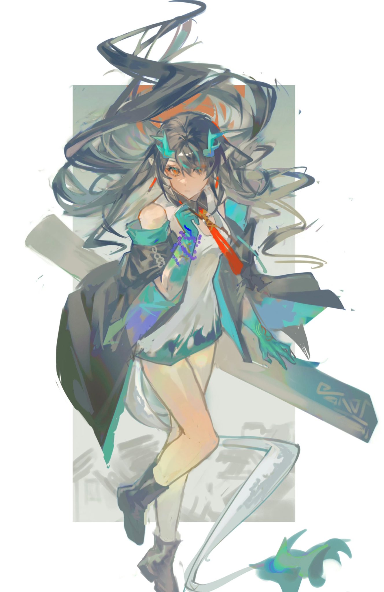 lin qing (phosphorus 1104), dusk (arknights), arknights, highres, 1girl, black hair, dragon girl, dragon horns, dragon tail, earrings, eastern dragon tail, green horns, hair over one eye, horns, jewelry, long hair, pointy ears, red eyes, solo, tail, tassel, tassel earrings