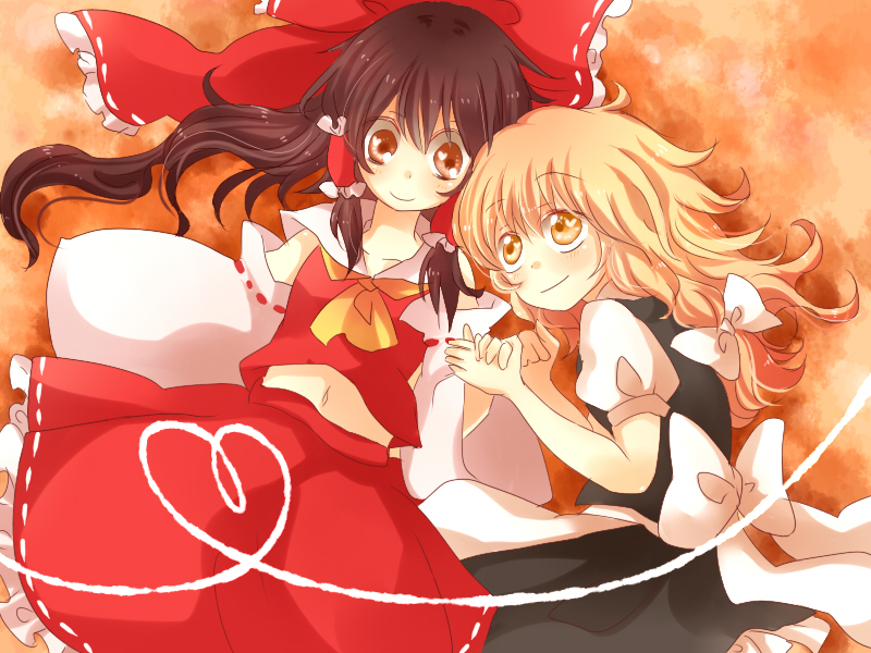 zawameki, hakurei reimu, kirisame marisa, touhou, bad id, bad pixiv id, 2girls, blonde hair, brown eyes, brown hair, female focus, multiple girls, yellow eyes