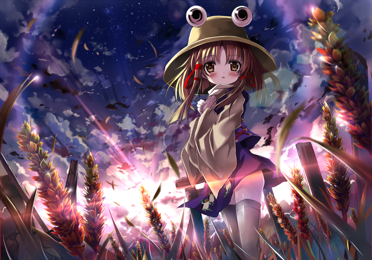 shino (eefy), moriya suwako, touhou, 1girl, blonde hair, blush, brown hair, cloud, dutch angle, female focus, field, frog, hair ribbon, hat, lens flare, night, own hands together, ribbon, sky, solo, standing, sunlight, sunset, thighhighs, wheat, wide sleeves, yellow eyes
