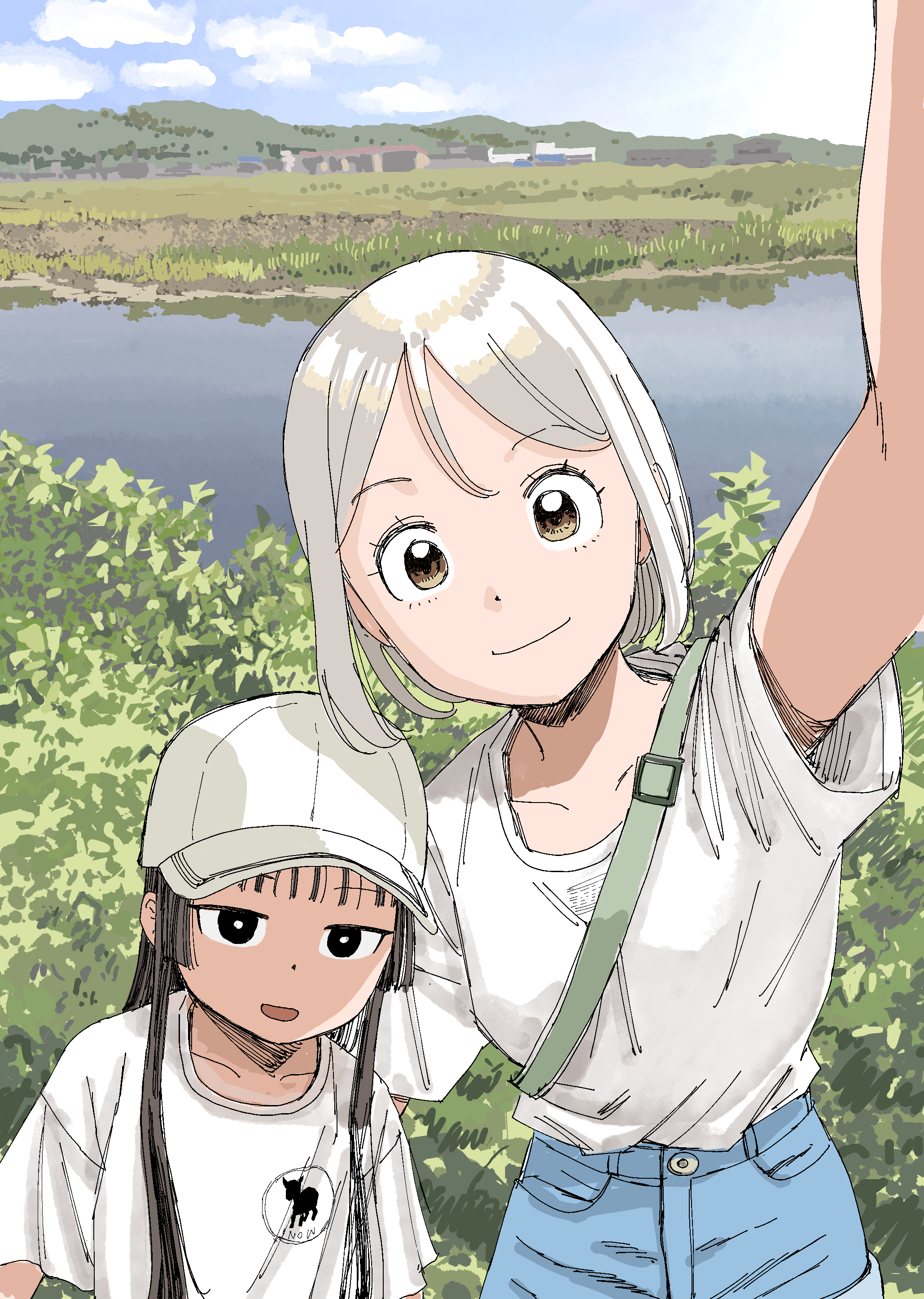 amano saku, hasegawa minato, hotei ran, sabotage summer, absurdres, highres, 2girls, :d, age difference, arm up, baseball cap, black eyes, black hair, bob cut, brown eyes, brown hair, closed mouth, day, denim, denim shorts, grass, hair between eyes, hat, hime cut, long hair, looking at viewer, mountain, multiple girls, open mouth, outdoors, pov, river, rural, selfie, shirt, short hair, short sleeves, shorts, sidelocks, sketch, smile, summer, t-shirt, upper body, water, white shirt