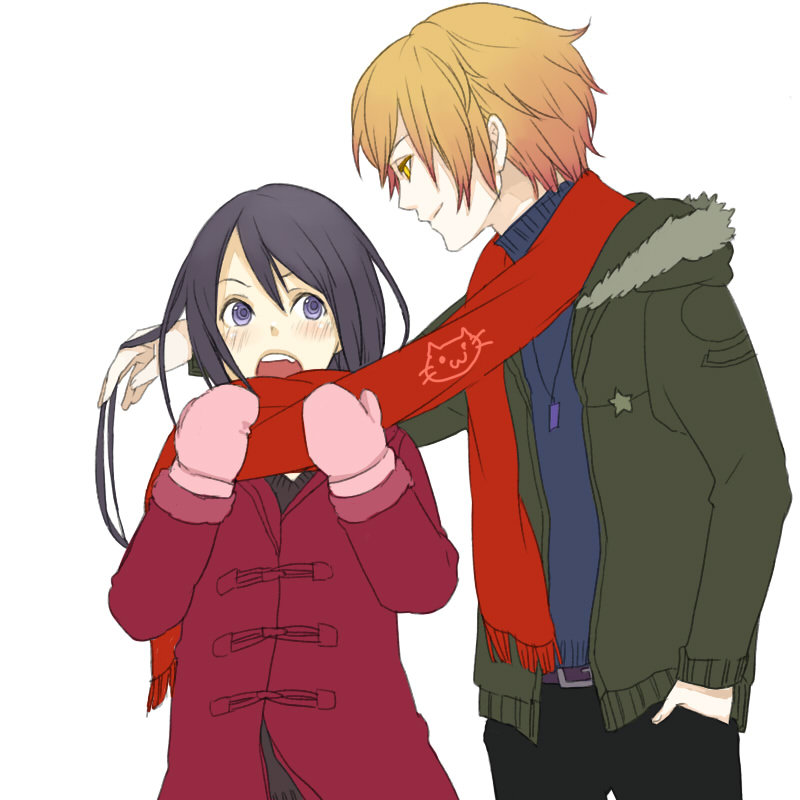 bella swan, edward cullen, the twilight saga, blonde hair, blue eyes, blush, brown hair, gloves, long hair, scarf, shared clothes, shared scarf, smile, yellow eyes