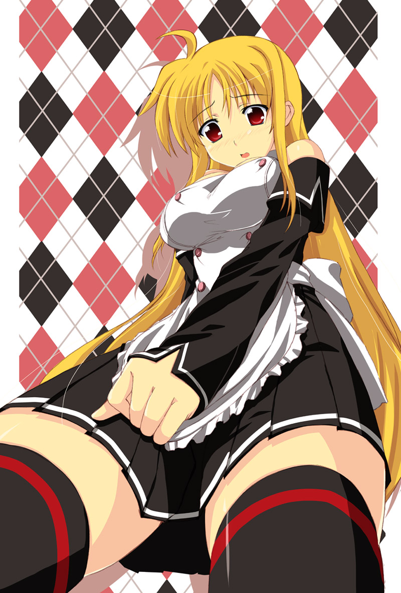 iga tamaki, fate testarossa, mian (dream c club), dream c club, dream c club (series), lyrical nanoha, mahou shoujo lyrical nanoha, mahou shoujo lyrical nanoha strikers, 1girl, apron, argyle background, argyle clothes, black skirt, blonde hair, blush, cosplay, detached sleeves, dream c club (cosplay), female focus, long hair, mian (dream c club) (cosplay), pleated skirt, red eyes, skirt, solo, thighhighs, zettai ryouiki