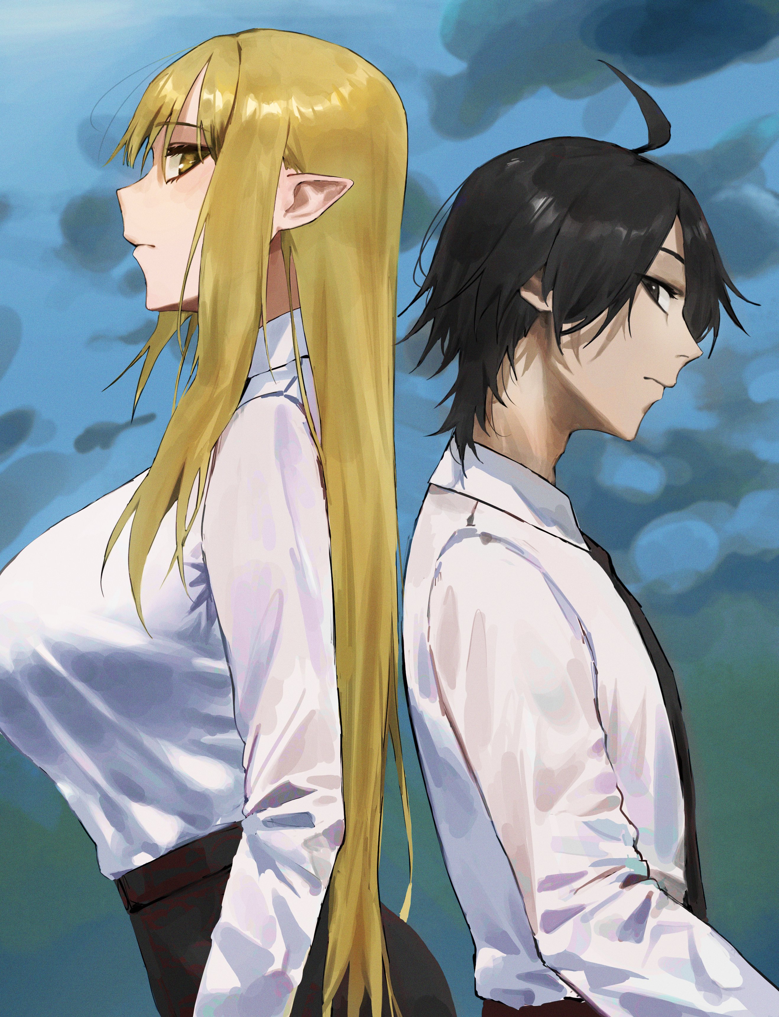 tabulagami, araragi koyomi, kiss-shot acerola-orion heart-under-blade, oshino shinobu, monogatari (series), absurdres, highres, 1boy, 1girl, ahoge, black hair, blonde hair, collared shirt, formal clothes, long hair, necktie, shirt, tall female
