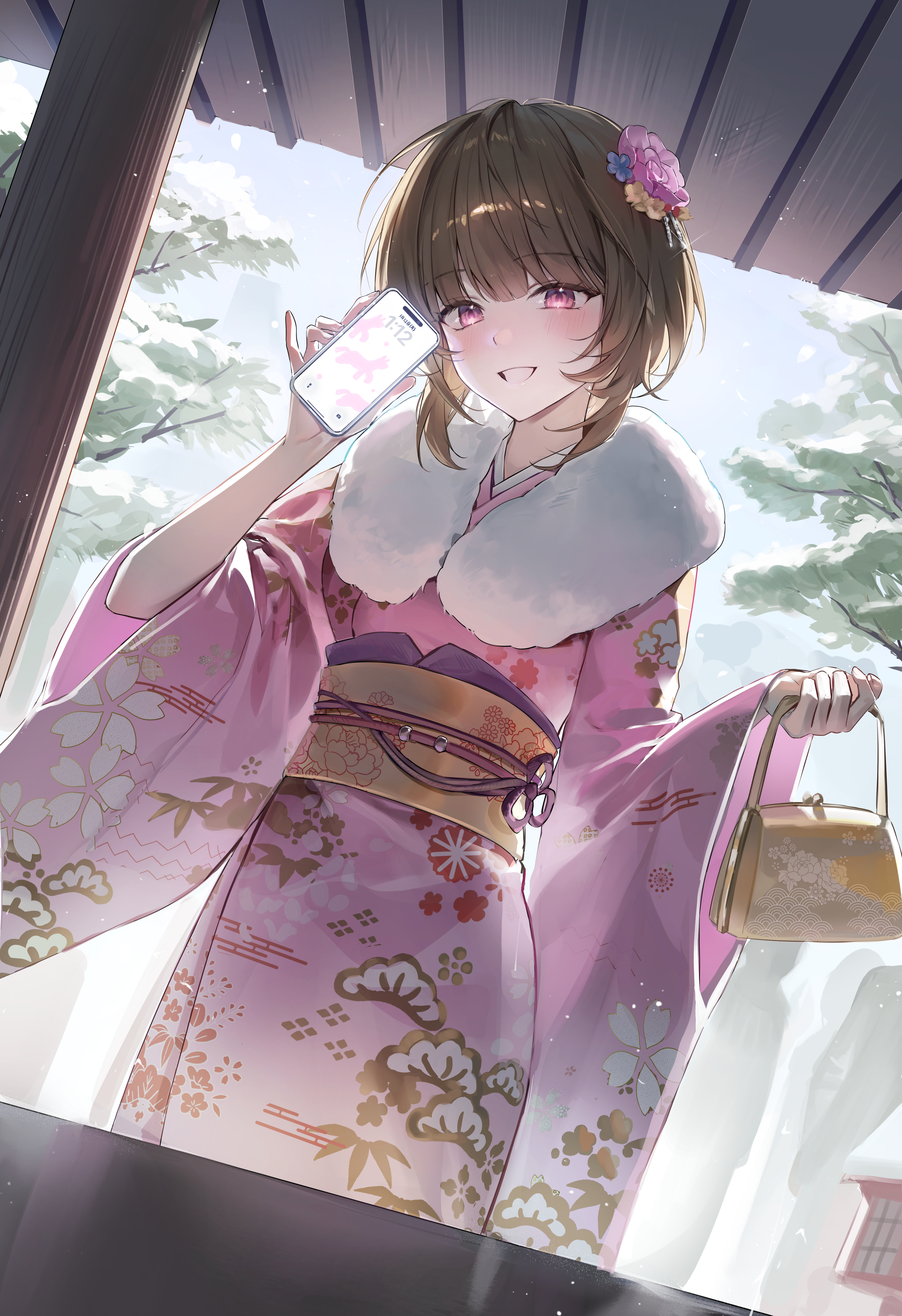 ekina (1217), marian andreotti, snowbreak: containment zone, absurdres, commentary, highres, 1girl, alternate costume, bag, brown hair, cellphone, dutch angle, flower, hair flower, hair ornament, holding, holding bag, holding phone, japanese clothes, kimono, light blush, looking at viewer, medium hair, outdoors, phone, pink eyes, pink flower, pink kimono, smartphone, smile, solo
