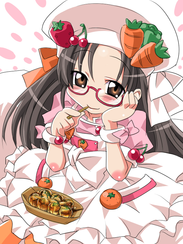 kobayashi tetsuya, hiiragi mine, cooking idol ai! mai! main!, carrot, cherry, dress, food, fruit, glasses, hat, orange (fruit), ribbon, strawberry, takoyaki