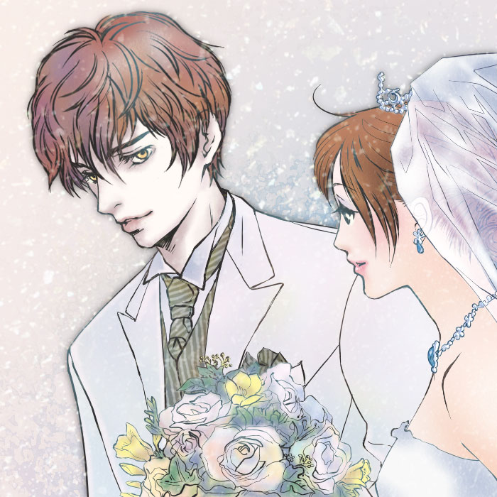 bella swan, edward cullen, the twilight saga, bouquet, brown hair, dress, flower, formal clothes, jewelry, necklace, necktie, profile, smile, suit, veil, wedding, wedding dress, yellow eyes