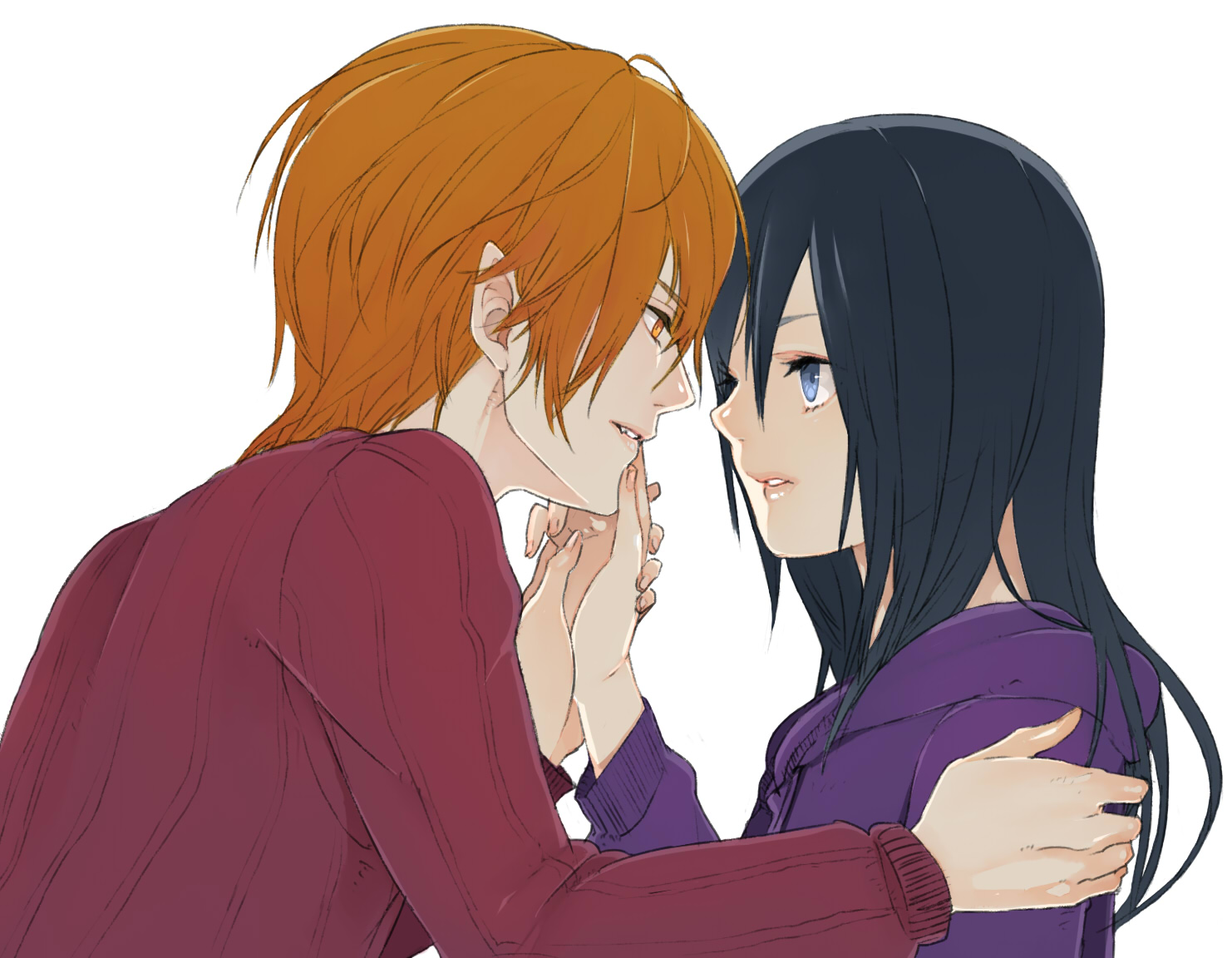 bella swan, edward cullen, the twilight saga, black hair, blue eyes, long hair, orange hair, pointy ears, sweater, yellow eyes