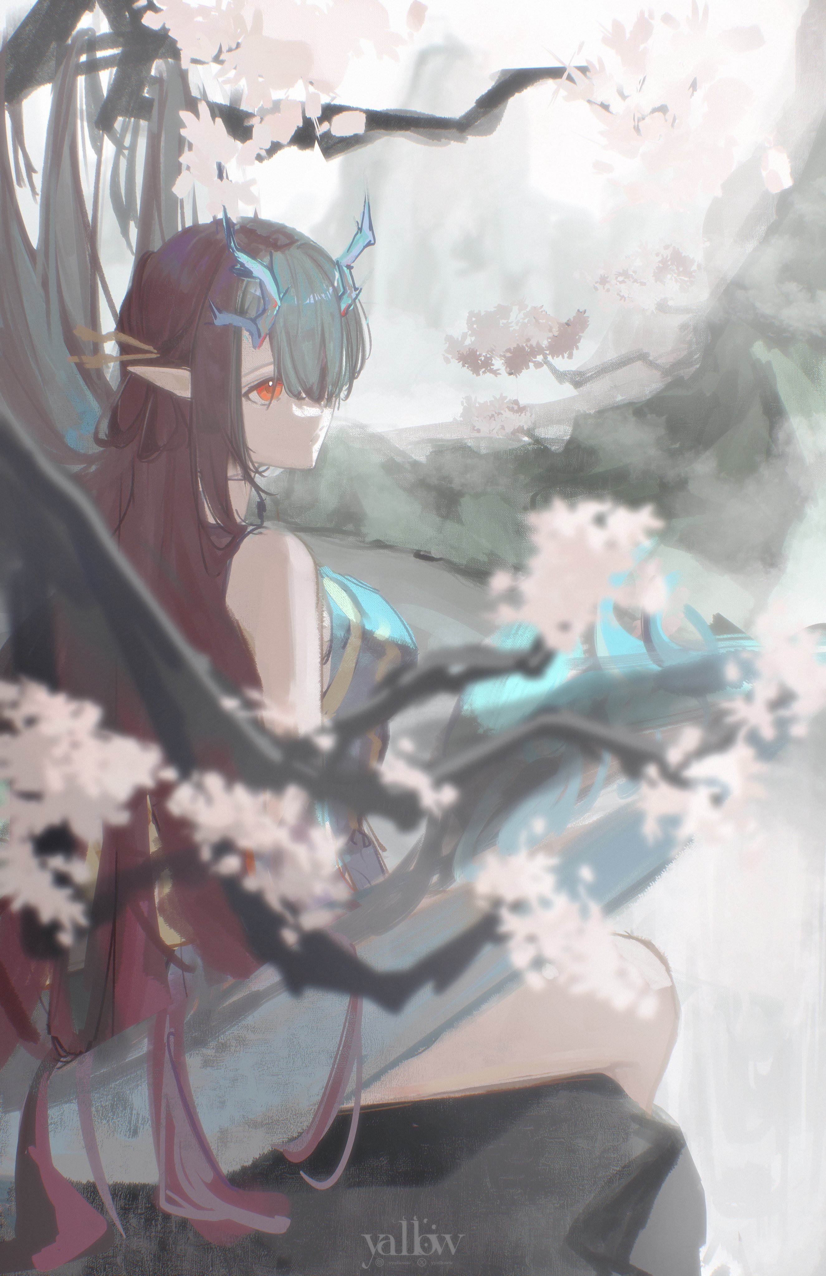 dusk (arknights), dusk (everything is a miracle) (arknights), arknights, absurdres, highres, 1girl, black hair, dragon girl, dragon horns, dragon tail, earrings, eastern dragon tail, green horns, hair over one eye, horns, jewelry, long hair, pointy ears, red eyes, solo, tail, tassel, tassel earrings, yyalloww
