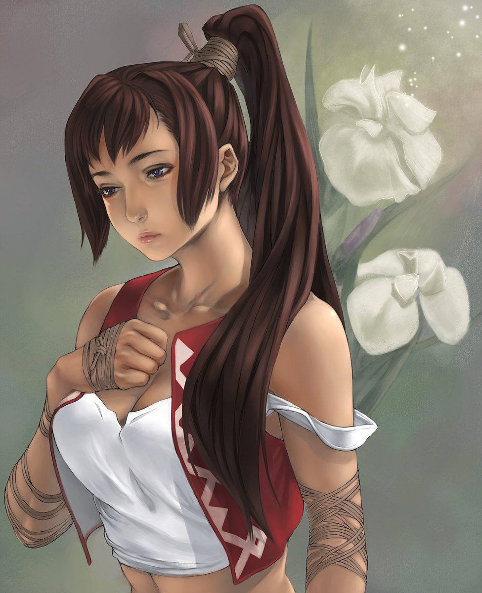 kazakami yuu, noloty, noloty malche, tatakau shisho, bad id, bad pixiv id, highres, 00s, 1girl, bare shoulders, breasts, brown hair, cleavage, female focus, lips, ponytail, purple eyes, solo