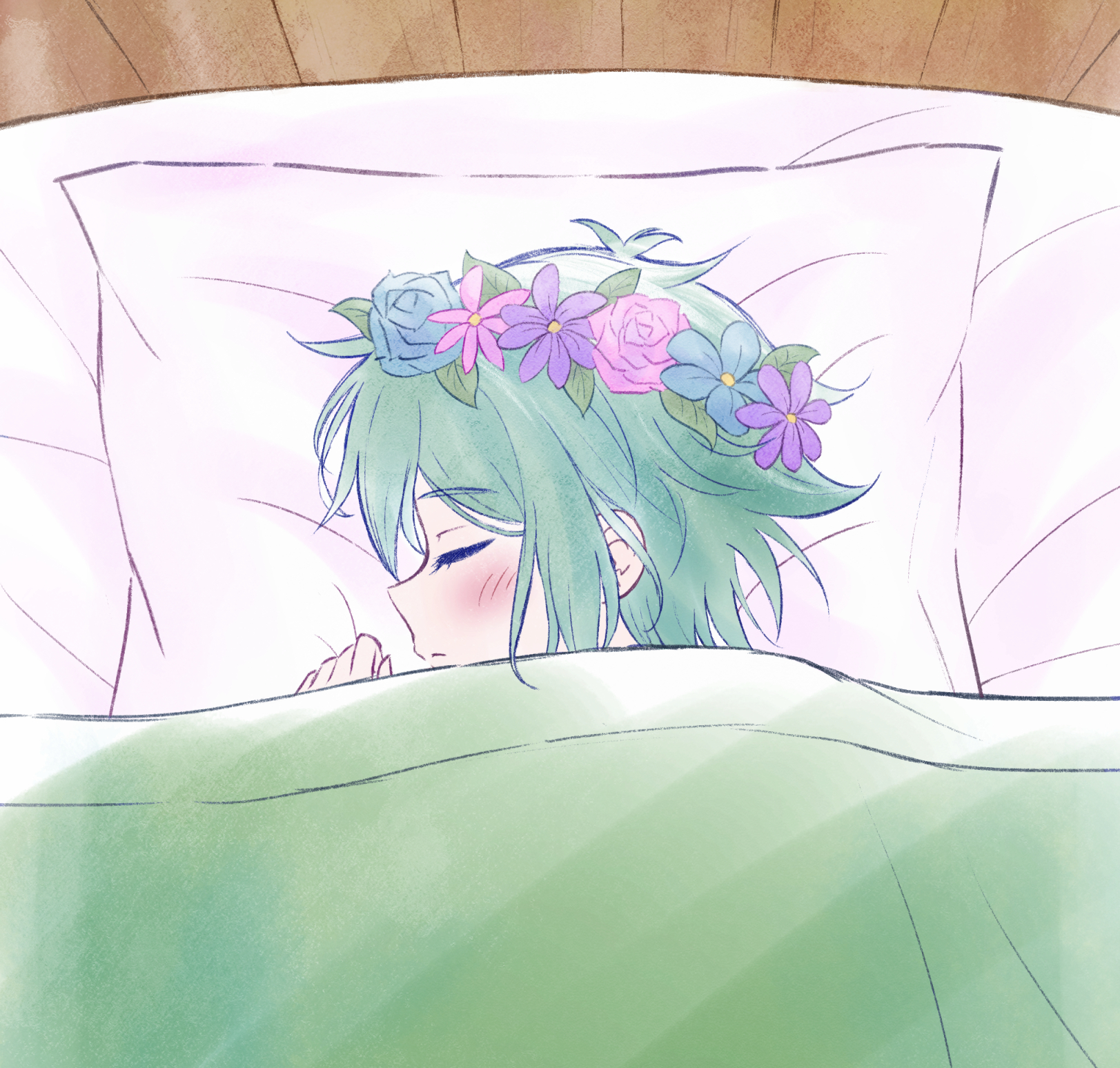 segue5o, basil (headspace) (omori), basil (omori), omori, commentary, highres, symbol-only commentary, 1boy, antenna hair, blush, closed mouth, colored skin, flower, flower wreath, green hair, head on pillow, head wreath, male focus, pillow, short hair, sidelocks, sleeping, solo, under covers, upper body, white skin