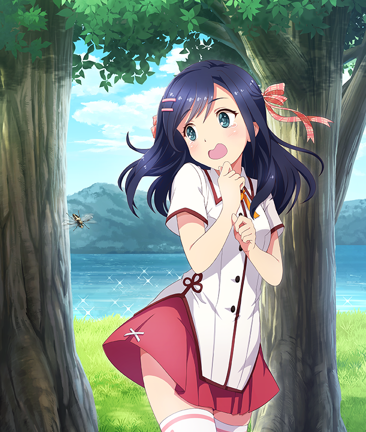 toji no miko, toji no miko: kizamishi issen no tomoshibi, game cg, official art, third-party source, 1girl, bee, blue hair, blue sky, blush, breasts, bug, buttons, cowboy shot, day, grass, green eyes, hair ornament, hair ribbon, hairclip, hands up, insect, lake, long hair, minoseki academy school uniform, mountainous horizon, open mouth, outdoors, pink ribbon, plaid ribbon, red skirt, ribbon, scared, school uniform, shirt, short sleeves, skirt, sky, small breasts, solo, sparkle, subara rika, summer uniform, tearing up, thighhighs, tree, white shirt, white thighhighs, yellow ribbon, zettai ryouiki