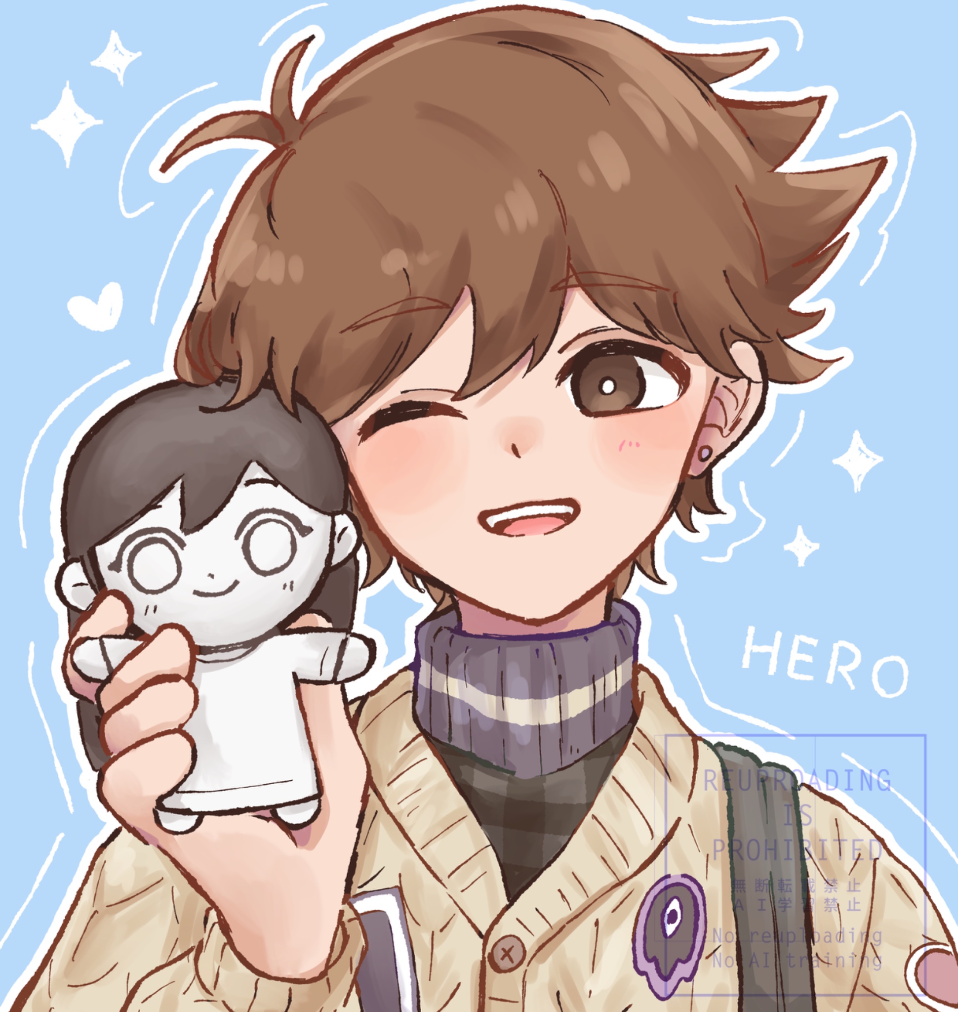 imo mo 0, hero (faraway) (omori), hero (omori), mari (omori), mari (spirit) (omori), something (omori), omori, commentary, highres, symbol-only commentary, 1boy, alternate eye color, antenna hair, blue background, blush, bright pupils, brown eyes, brown hair, cardigan, character doll, character name, dark-skinned male, dark skin, doll, double-parted bangs, ear piercing, hair between eyes, heart, hero (birthday) (omori), holding, holding stuffed toy, looking at viewer, male focus, official alternate costume, one eye closed, open mouth, piercing, short hair, smile, solo, stuffed animal, stuffed toy, sweater, teeth, turtleneck, turtleneck sweater, upper body, upper teeth only, watermark, white cardigan, white pupils