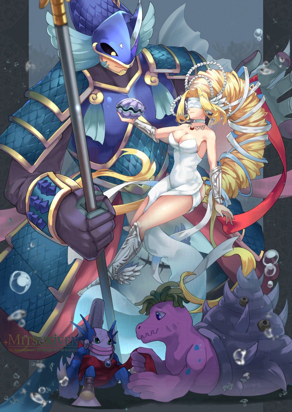 mitsukiven, hangyomon, neptunemon, shellmon, venusmon, digimon, digimon story: time stranger, highres, 1boy, 1girl, armor, bare shoulders, blindfold, blonde hair, blue armor, blue helmet, breasts, cleavage, digimon (creature), dress, evolutionary line, feathered wings, full body, head wings, helmet, large breasts, long hair, merman, monster boy, polearm, shell, strapless, strapless dress, underwater, very long hair, weapon, white dress, wings