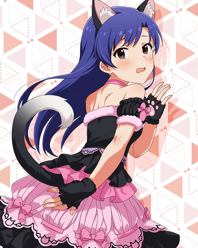 kisaragi chihaya, idolmaster, idolmaster (classic), idolmaster million live!, idolmaster million live! theater days, commentary request, game cg, official art, third-party source, 1girl, animal ears, bare shoulders, black dress, black gloves, blue hair, blush, brown eyes, cat ears, cat tail, choker, dress, fingerless gloves, from behind, gloves, hand up, long hair, looking at viewer, nyannyan cat's eye (idolmaster), official alternate costume, pink choker, pink dress, solo, standing, strapless, strapless dress, tail