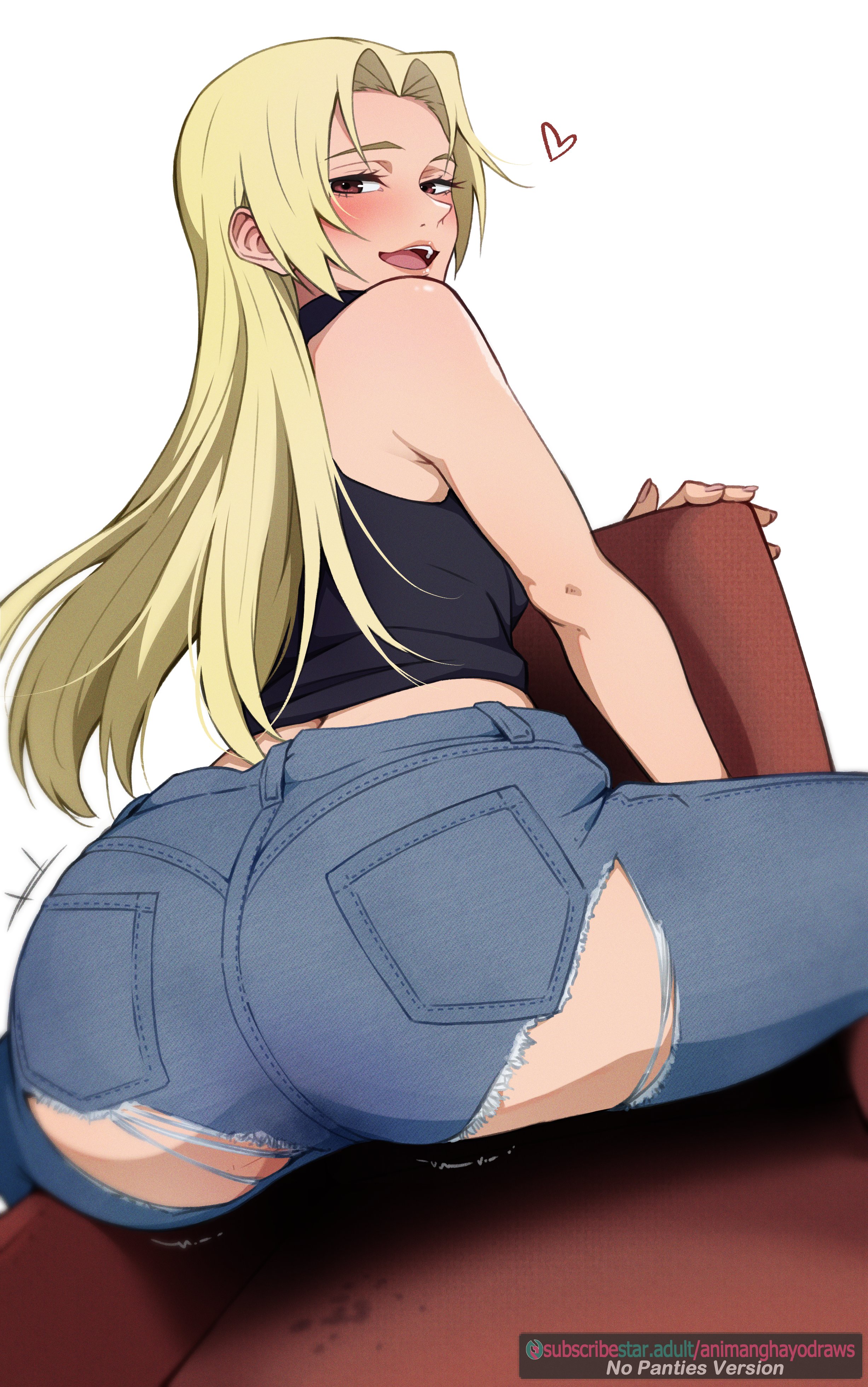 animanghayo, tsukumo yuki (jujutsu kaisen), jujutsu kaisen, absurdres, clip studio paint (medium), commentary, english commentary, highres, paid reward available, 1girl, ass, ass focus, black shirt, blonde hair, blush, brown eyes, couch, denim, english text, eyelashes, from behind, half-closed eyes, heart, jeans, looking at viewer, looking back, pants, shirt, simple background, sitting, sleeveless, sleeveless shirt, solo, torn clothes, torn pants, white background