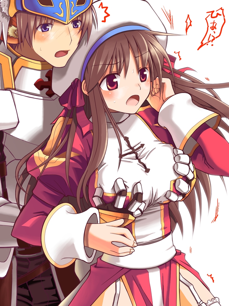 sakakura (sariri), high priest (ragnarok online), paladin (ragnarok online), ragnarok online, bad id, bad pixiv id, 1boy, 1girl, :o, armor, beret, blush, breasts, brown hair, garter straps, grabbing another's breast, groping, hat, hetero, long hair, paladin, red eyes