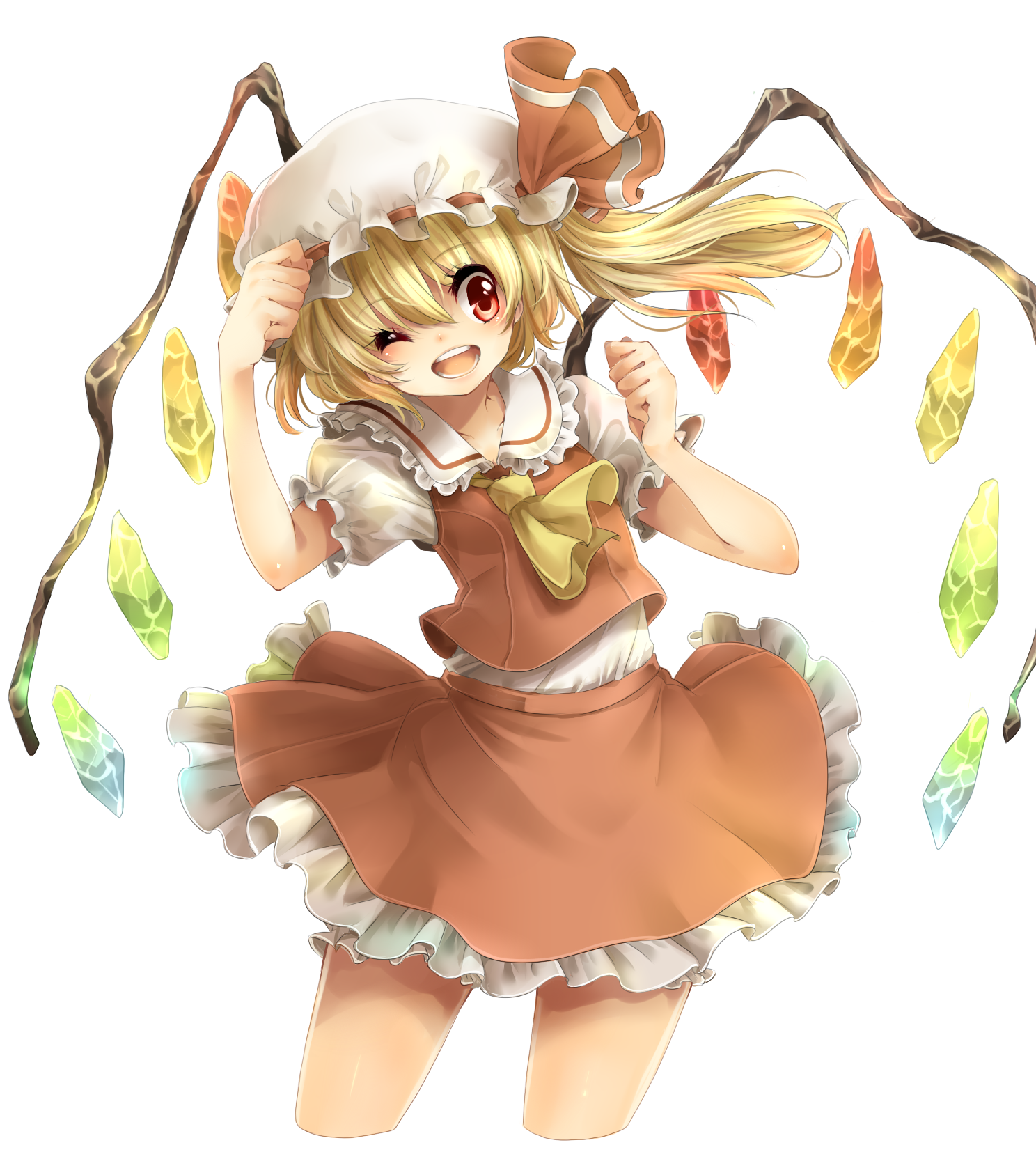 rojiko, flandre scarlet, touhou, highres, 1girl, blonde hair, blouse, collared shirt, female focus, hair between eyes, hat, mob cap, red eyes, shirt, short hair, side ponytail, simple background, solo, standing, white background, white hat, white shirt, wings