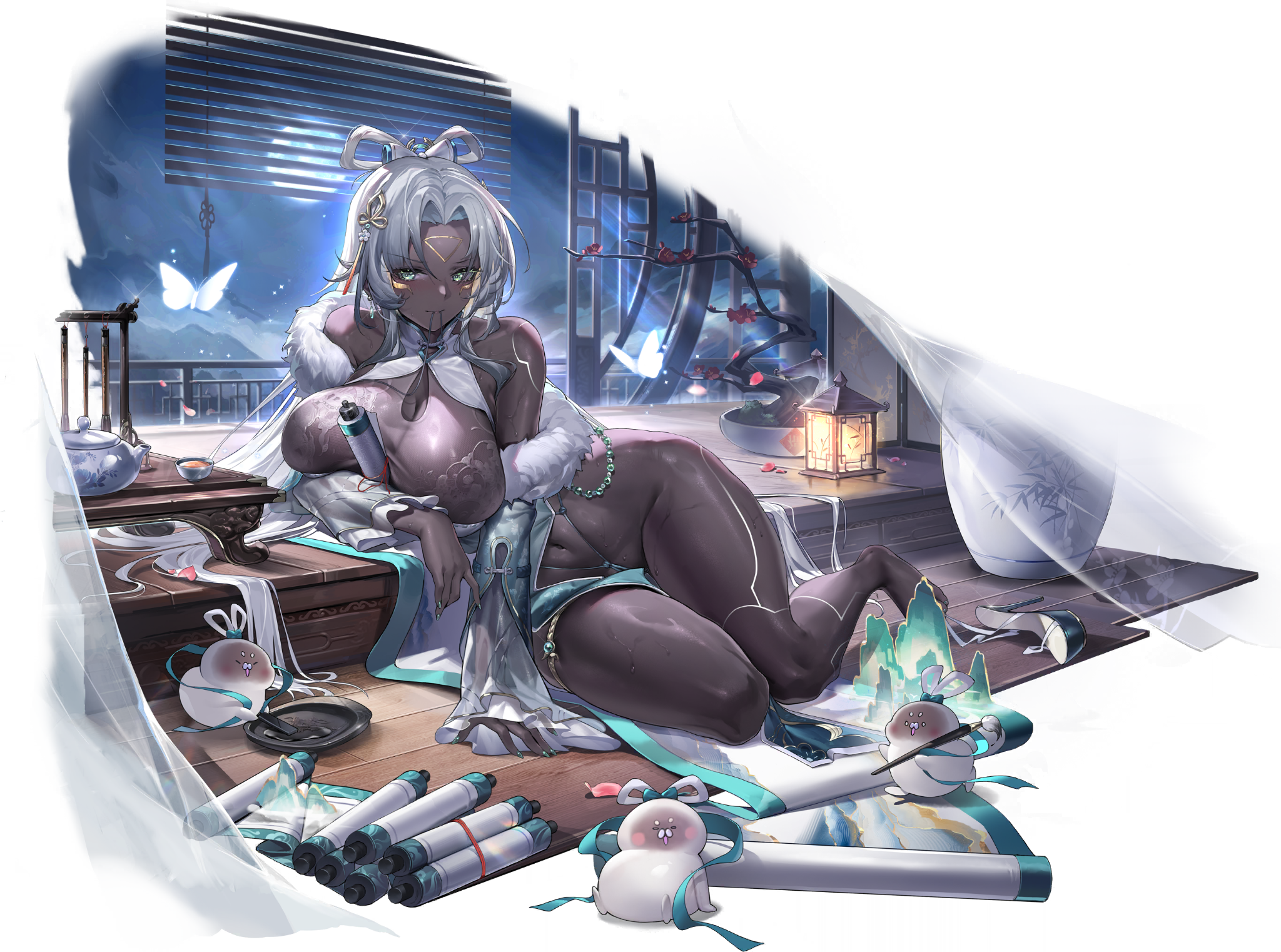 highres, official art, 1girl, anubis (daiblos core), breasts, bug, butterfly, china dress, chinese clothes, daiblos core, dark-skinned female, dark skin, dress, green eyes, hair ornament, high heels, insect, large breasts, long hair, looking at viewer, multiple others, official alternate costume, scroll, thong, white hair
