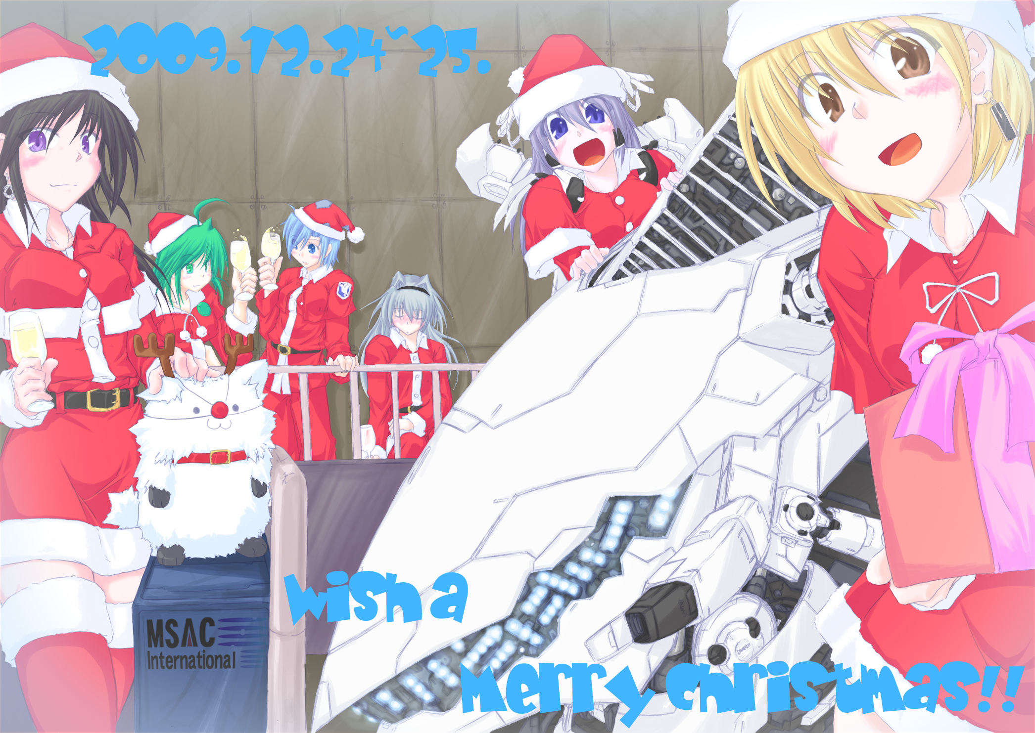 ay pool, fiona jarnefeldt, lilium wolcott, may greenfield, white glint, armored core, armored core: for answer, fromsoftware, highres, animal, christmas, mecha, robot, santa costume