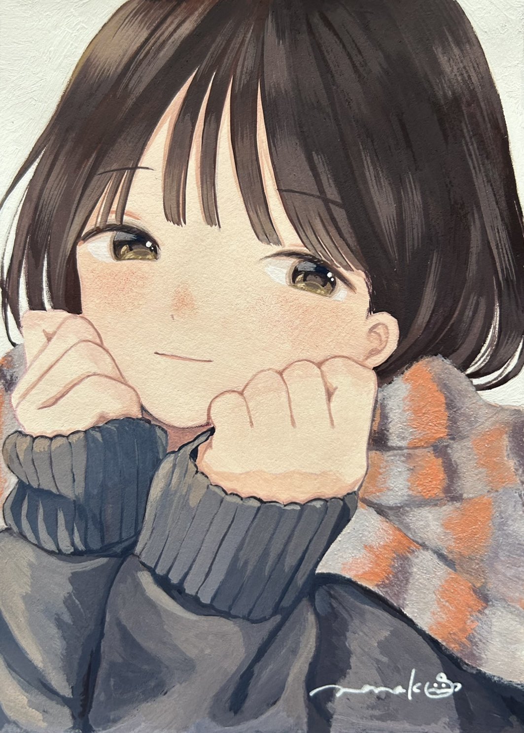 nena labo, original, commentary request, highres, traditional media, 1girl, black hair, brown eyes, choppy bangs, closed mouth, grey sweater, hands up, long sleeves, looking at viewer, scarf, short hair, signature, simple background, solo, striped clothes, striped scarf, sweater, upper body, white background