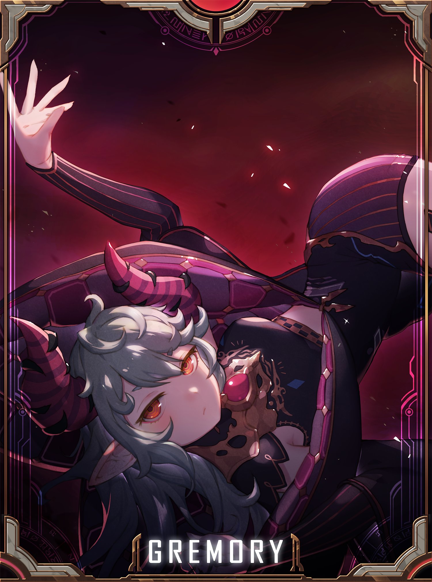 king's raid, artist request, commentary, commentary request, english commentary, highres, korean commentary, mixed-language commentary, official art, second-party source, 1girl, black coat, black shirt, black sleeves, border, coat, demon girl, demon horns, detached sleeves, floating, frown, gem, gremory (king's raid), grey hair, horns, long hair, multicolored coat, pointy ears, purple coat, purple skirt, red background, red eyes, red gemstone, red horns, ringed eyes, shirt, skirt, solo, striped horns, tank top, two-sided coat, two-sided fabric, upside-down, yellow eyes