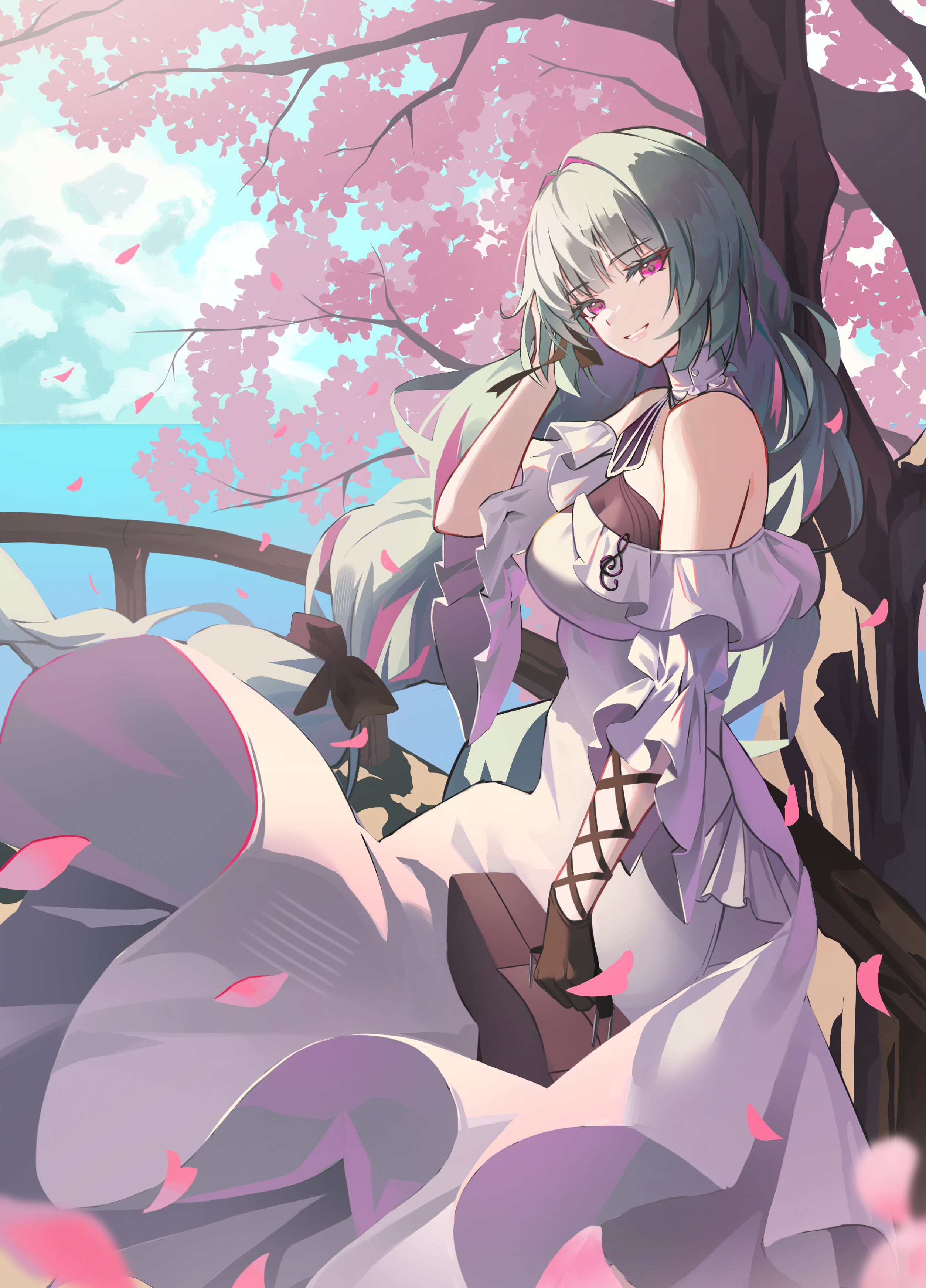 hyonee, phrolova (wuthering waves), wuthering waves, absurdres, commentary, highres, 1girl, bare shoulders, black gloves, breasts, dress, falling petals, gloves, green hair, half gloves, hand up, holding case, long hair, looking at viewer, official alternate costume, outdoors, parted lips, petals, red eyes, short sleeves, smile, solo, very long hair, white dress