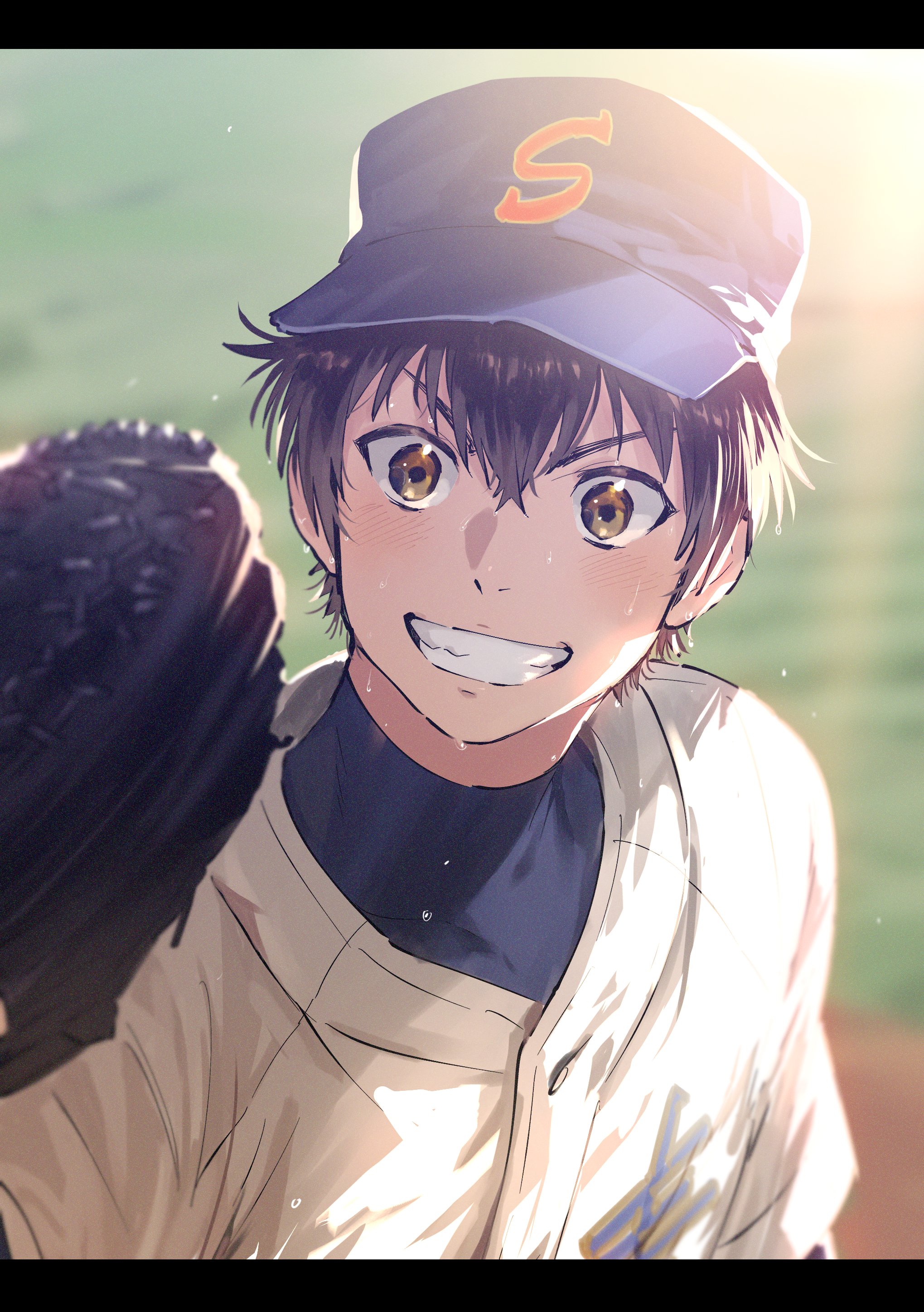 iramiikaiiri, sawamura eijun, ace of diamond, absurdres, commentary request, highres, 1boy, baseball cap, baseball glove, baseball jersey, baseball uniform, black border, blush, border, brown eyes, brown hair, flying sweatdrops, grin, hat, jersey, looking at viewer, male focus, pillarboxed, short hair, smile, solo, sportswear, sweat