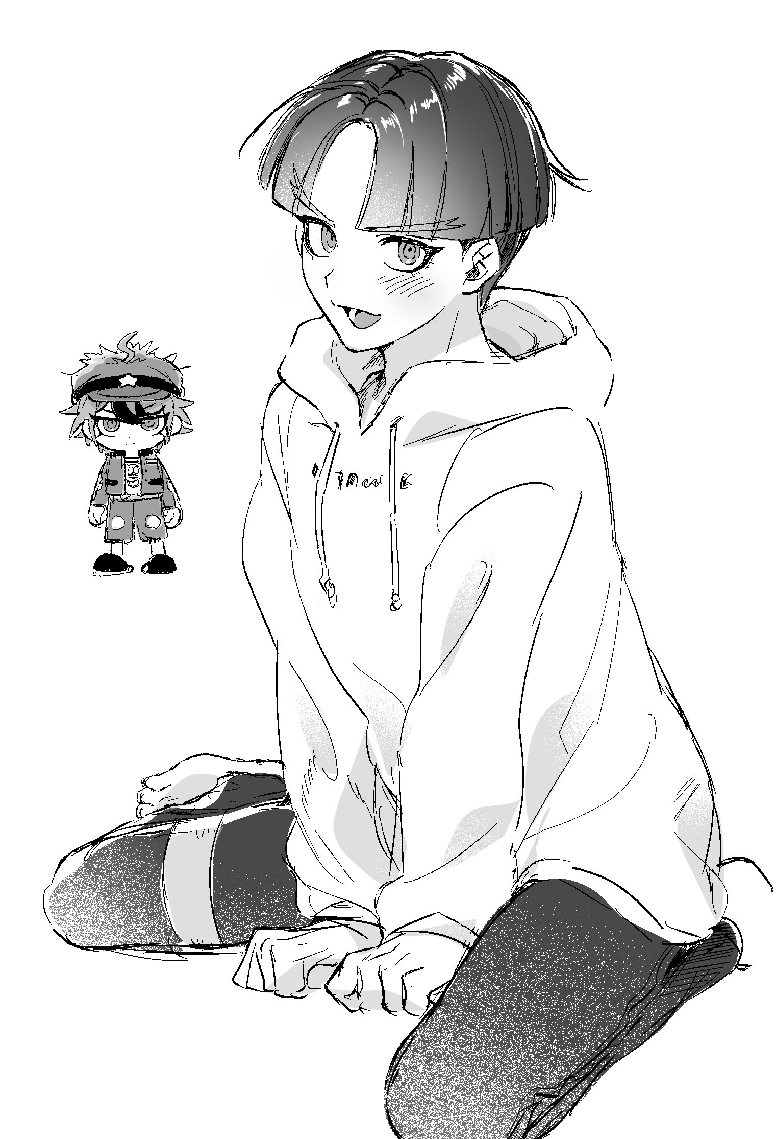 guco (gco h), maruko gaku, sumino takumi, the hundred line -last defense academy-, commentary request, highres, 2boys, ahoge, arms between legs, barefoot, blush, closed mouth, cosplay, costume switch, drawstring, expressionless, greyscale, hair through headwear, hat, hat ornament, hood, hood down, hoodie, jacket, jitome, long sleeves, male focus, maruko gaku (cosplay), monochrome, multicolored hair, multiple boys, open clothes, open jacket, open mouth, pants, parted bangs, sanpaku, shirt, short hair, shorts, simple background, sitting, smile, star (symbol), star hat ornament, streaked hair, sumino takumi (cosplay), thigh strap, two-tone hair, wariza, white background