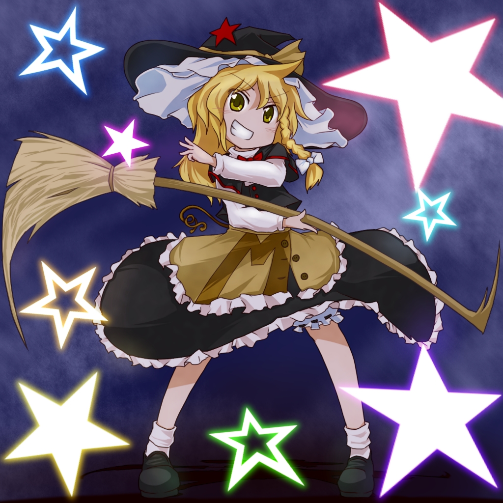 netachou, kirisame marisa, touhou, undefined fantastic object, 1girl, blonde hair, broom, female focus, frills, full body, gradient background, grin, hat, smile, solo, star (symbol)
