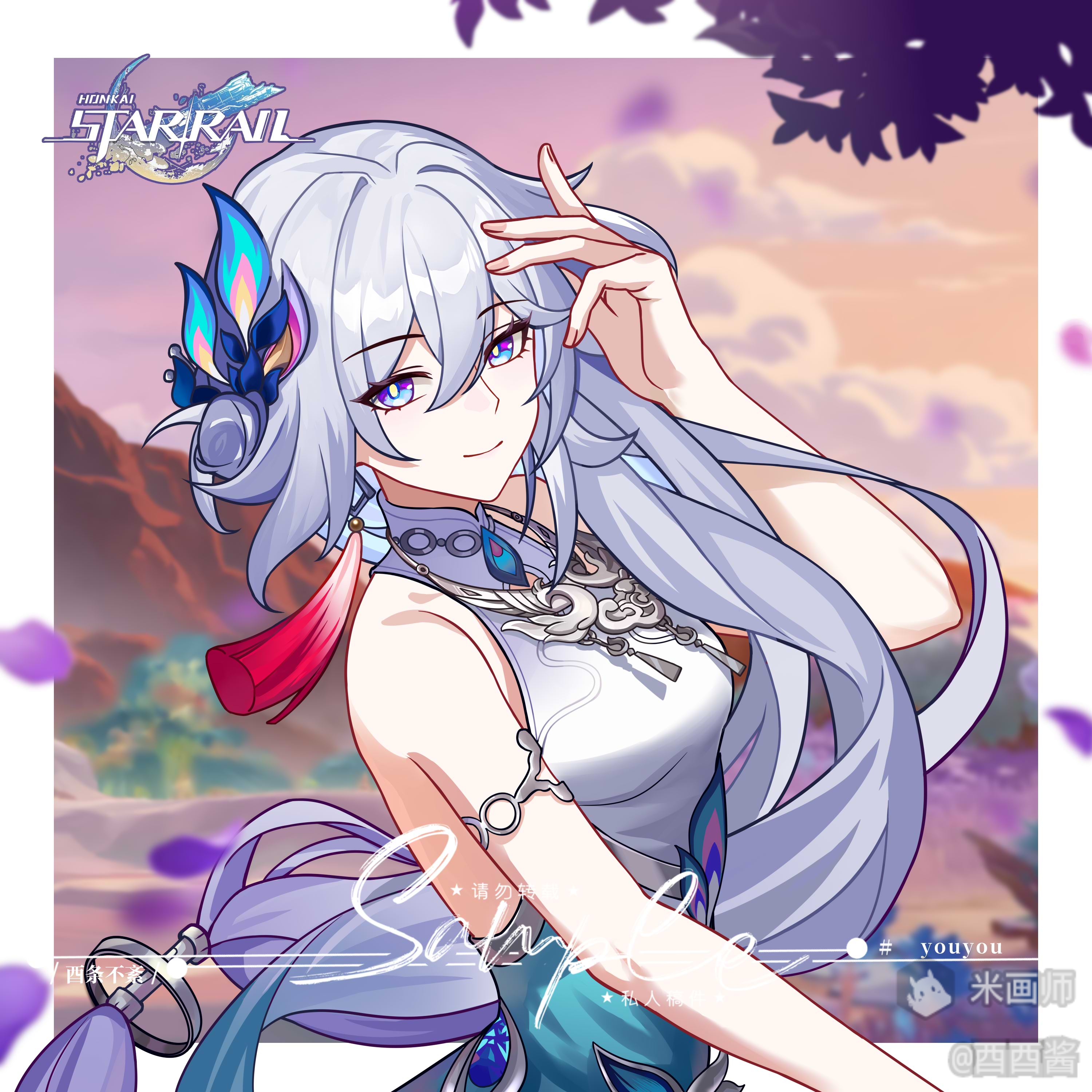 yao guang (honkai: star rail), honkai: star rail, honkai (series), absurdres, highres, 1girl, artist name, bare shoulders, blue eyes, breasts, changmingsuo, china dress, chinese clothes, closed mouth, dress, earrings, english text, gradient eyes, grey hair, hair between eyes, hair ornament, jewelry, long hair, looking at viewer, mihuashi username, multicolored eyes, outdoors, petals, purple eyes, sleeveless, sleeveless dress, smile, solo, watermark, youyoujiang