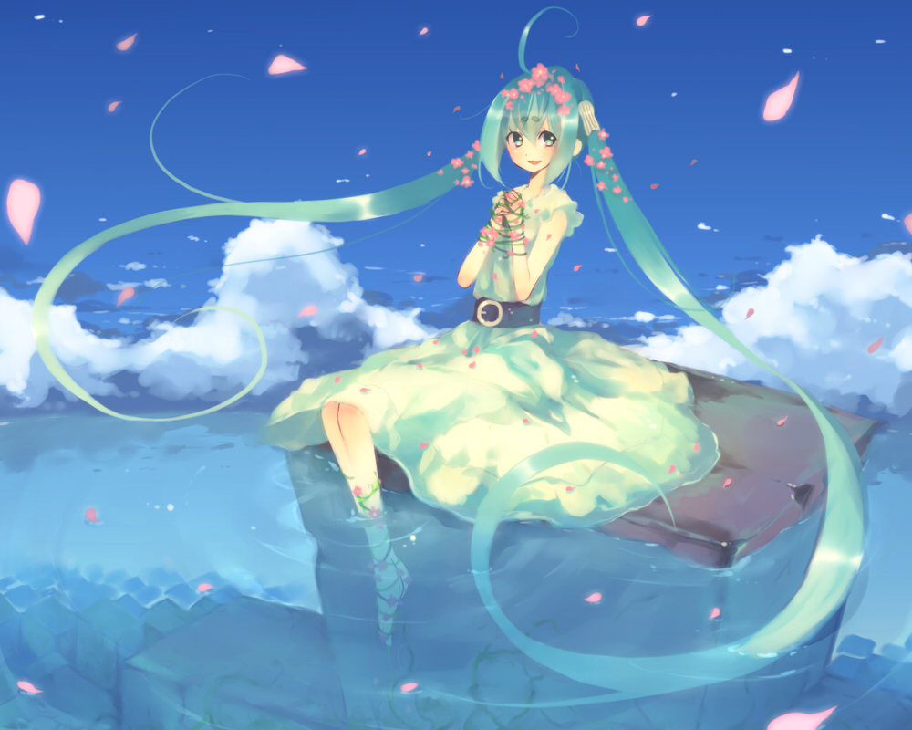 merusuke, hatsune miku, vocaloid, bad id, bad pixiv id, 1girl, aqua eyes, aqua hair, cloud, day, dress, female focus, flower, long hair, outdoors, own hands clasped, own hands together, petals, sitting, sky, soaking feet, solo, twintails, very long hair, water