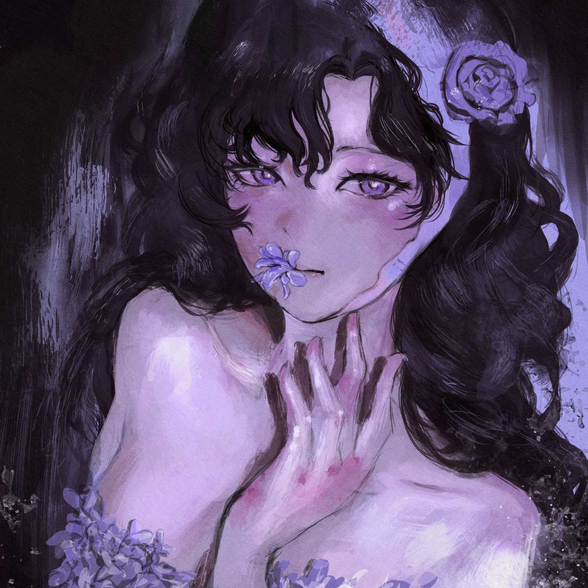 isolde (reverse:1999), reverse:1999, highres, bare shoulders, black hair, collarbone, dark background, flower, flower in mouth, hair flower, hair ornament, hand up, long hair, looking at viewer, purple eyes, purple flower, purple rose, purple theme, rose, sakelilac