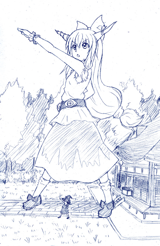 kuro oolong, ibuki suika, kirisame marisa, kamen rider, touhou, traditional media, 2girls, female focus, full body, giant, giantess, hat, long hair, monochrome, multiple girls, nature, oni, outdoors, parody, plant, skirt, white background