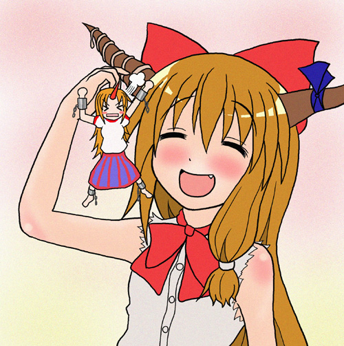 kuro oolong, hoshiguma yuugi, ibuki suika, touhou, 2girls, brown hair, fang, female focus, giant, giantess, horns, multiple girls, oni, single horn