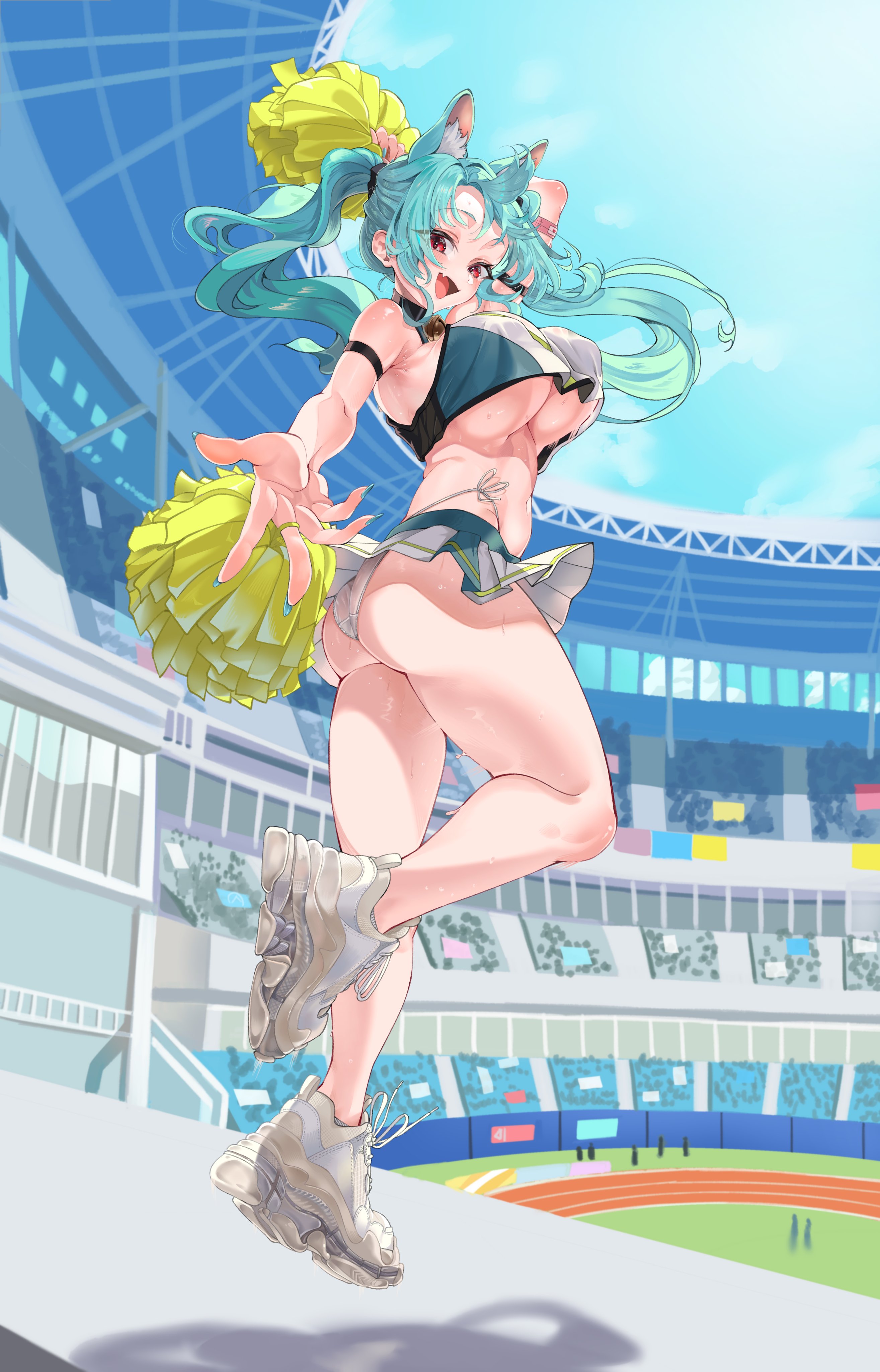 snarkhunt, original, absurdres, highres, 1girl, animal ear fluff, animal ears, aqua eyes, aqua nails, arm up, armpits, ass, bell, bouncing breasts, breasts, cheerleader, crop top, crop top overhang, cropped shirt, crotch seam, day, fang, fingernails, forehead, full body, hand up, highleg, highleg panties, holding, holding pom poms, jumping, large breasts, long fingernails, long hair, multicolored shirt, navel, neck bell, no bra, open mouth, outdoors, panties, pom pom (cheerleading), pom poms, reaching, reaching towards viewer, red eyes, shadow, shoes, side-tie panties, skin fang, smile, sneakers, solo, stadium, sweat, twintails, underboob, underwear, white panties, white shoes