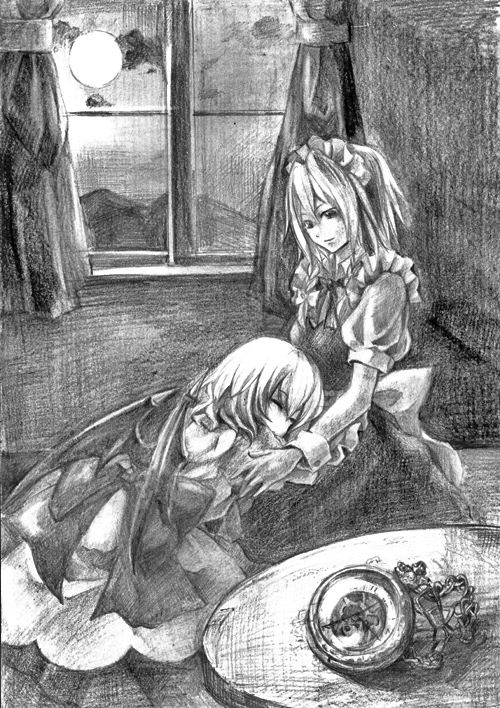 yellowrabbit, izayoi sakuya, remilia scarlet, touhou, bad id, bad pixiv id, traditional media, 2girls, bat wings, braid, female focus, greyscale, monochrome, multiple girls, pocket watch, short hair, twin braids, watch, wings