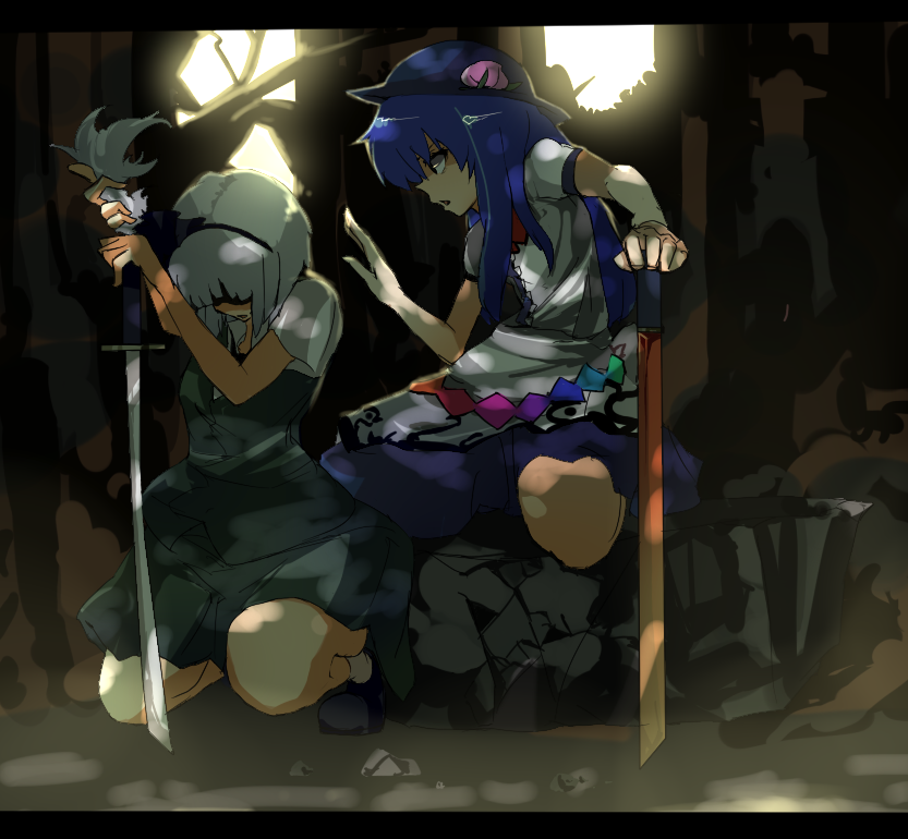 fu1111111, hinanawi tenshi, konpaku youmu, touhou, silver hair, bad id, bad pixiv id, 2girls, blue hair, female focus, food, fruit, hairband, hat, katana, kneeling, letterboxed, long hair, multiple girls, peach, pink hair, short hair, sword, sword of hisou, talking, weapon