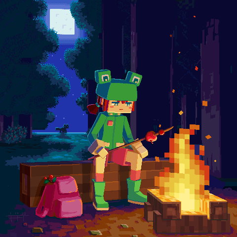 frostyflytrap, fox (minecraft), rana (minecraft), minecraft, commentary, english commentary, lowres, 1girl, apple, backpack, bag, blue eyes, blush stickers, boots, brown hair, campfire, faux 3d, fire, food, fox, frog hat, fruit, full body, full moon, green boots, green jacket, hat, holding, jacket, jaggy lines, long sleeves, looking ahead, low poly, minecraft (style), moon, night, oekaki, official style, outdoors, pink bag, pink shorts, scenery, short hair, short twintails, shorts, sitting, skewer, sky, socks, solo, sweet berries (minecraft), tree, twintails, unworn bag
