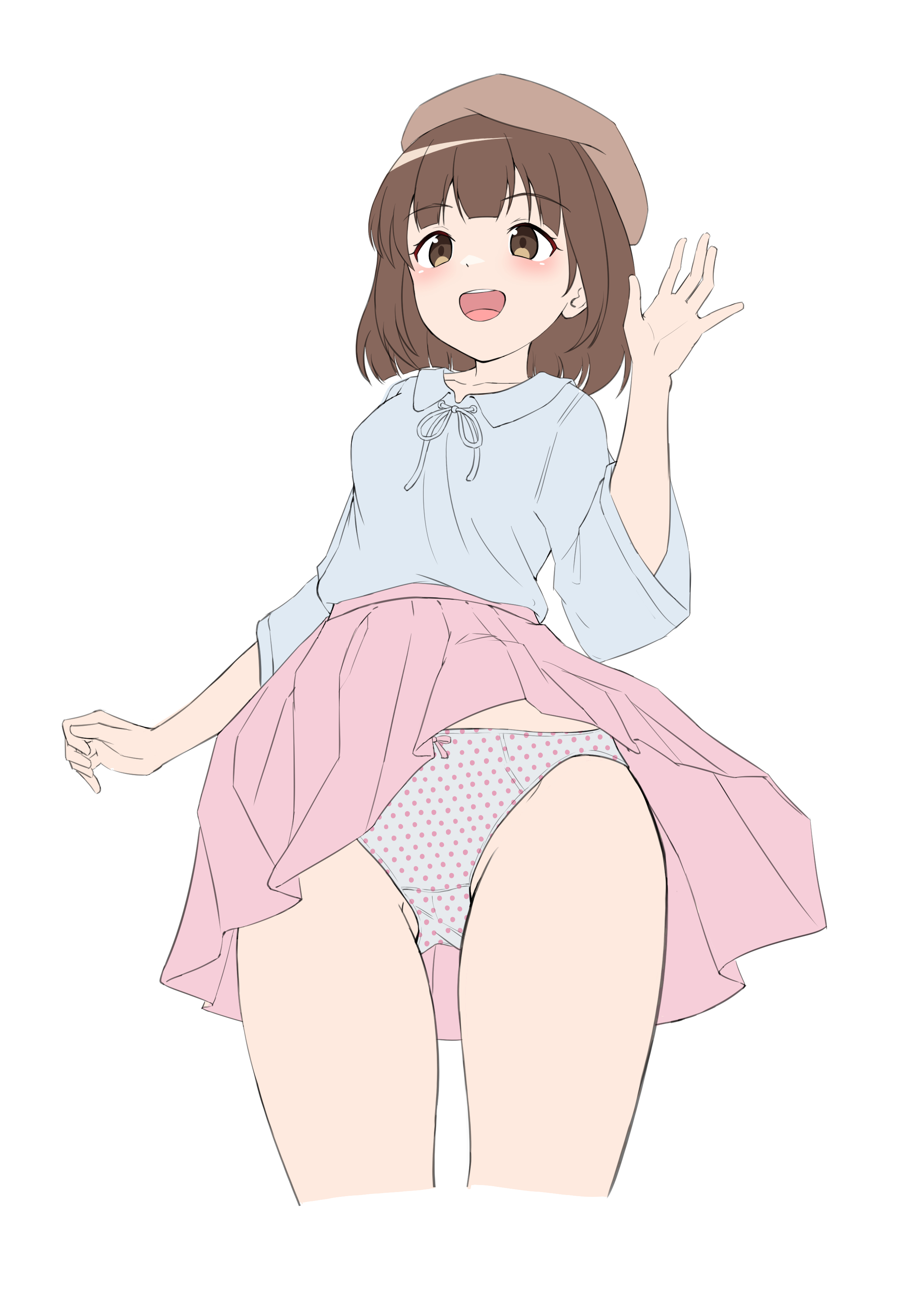 original, absurdres, commission, hashtag-only commentary, highres, 1girl, arm at side, blue shirt, bob cut, bow, bow panties, brown eyes, brown hair, clothes lift, collared shirt, cropped legs, crotch seam, flat color, from below, gimhyeo09366967, hand up, open mouth, panties, pantyshot, pink hair, pleated skirt, polka dot, polka dot panties, shirt, short hair, simple background, skirt, skirt lift, smile, solo, standing, three-quarter sleeves, underwear, white background, white panties, wind, wind lift