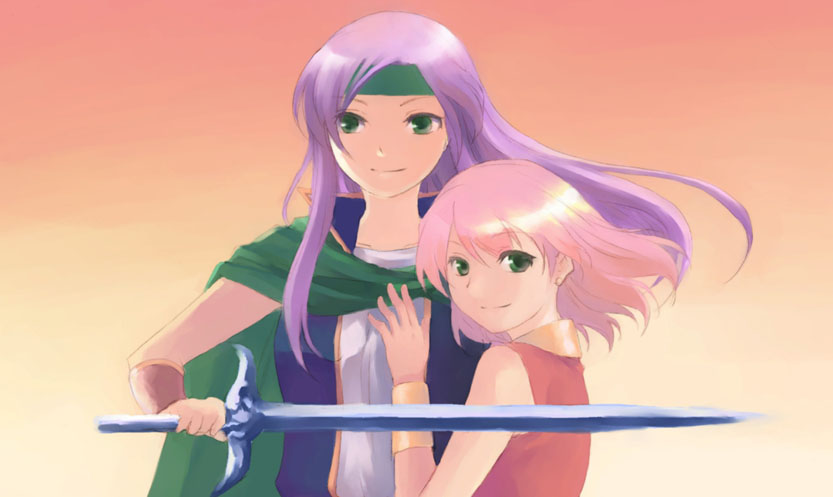 udon (memai no kabe), faris scherwiz, lenna charlotte tycoon, final fantasy, final fantasy v, gender request, 1990s (style), androgynous, cape, green eyes, headband, long hair, pink hair, purple hair, retro artstyle, reverse trap, short hair, siblings, sisters, sword, weapon