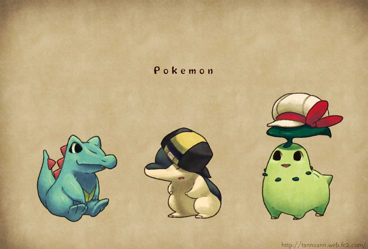 abe (f!mixture), chikorita, cyndaquil, ethan (pokemon), lyra (pokemon), totodile, nintendo, pokemon, pokemon hgss, bad id, bad pixiv id, alternate costume, black eyes, clothed pokemon, copyright name, cosplay, creature, ethan (pokemon) (cosplay), gen 2 pokemon, hat, lyra (pokemon) (cosplay), no humans, pokemon (creature), sitting, starter pokemon trio, text focus