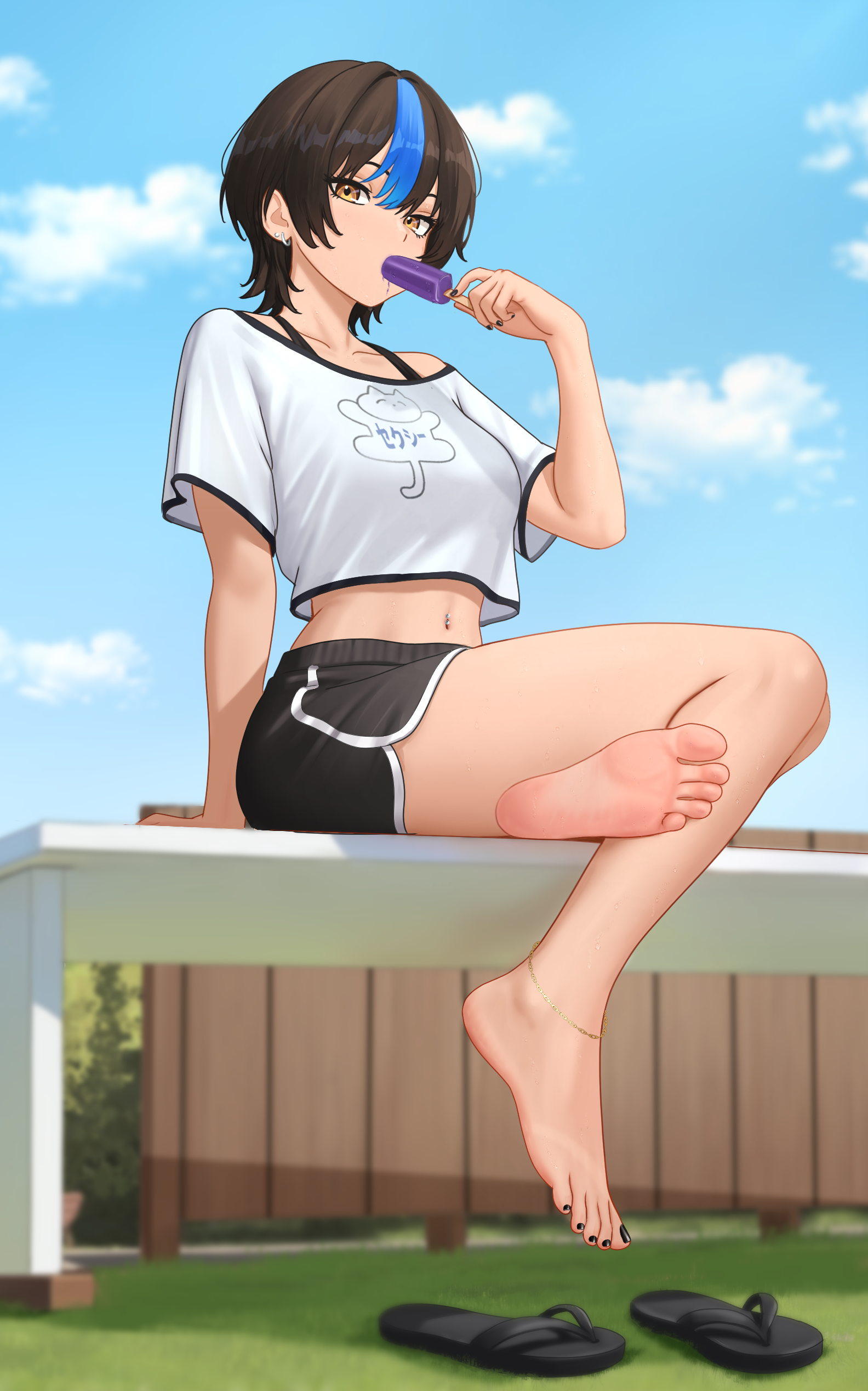 nihu, original, highres, 1girl, barefoot, black hair, brown eyes, dolphin shorts, feet, flip-flops, food, looking at viewer, medium hair, multicolored hair, popsicle, sandals, shoes, shorts, soles, streaked hair, toes, unworn shoes