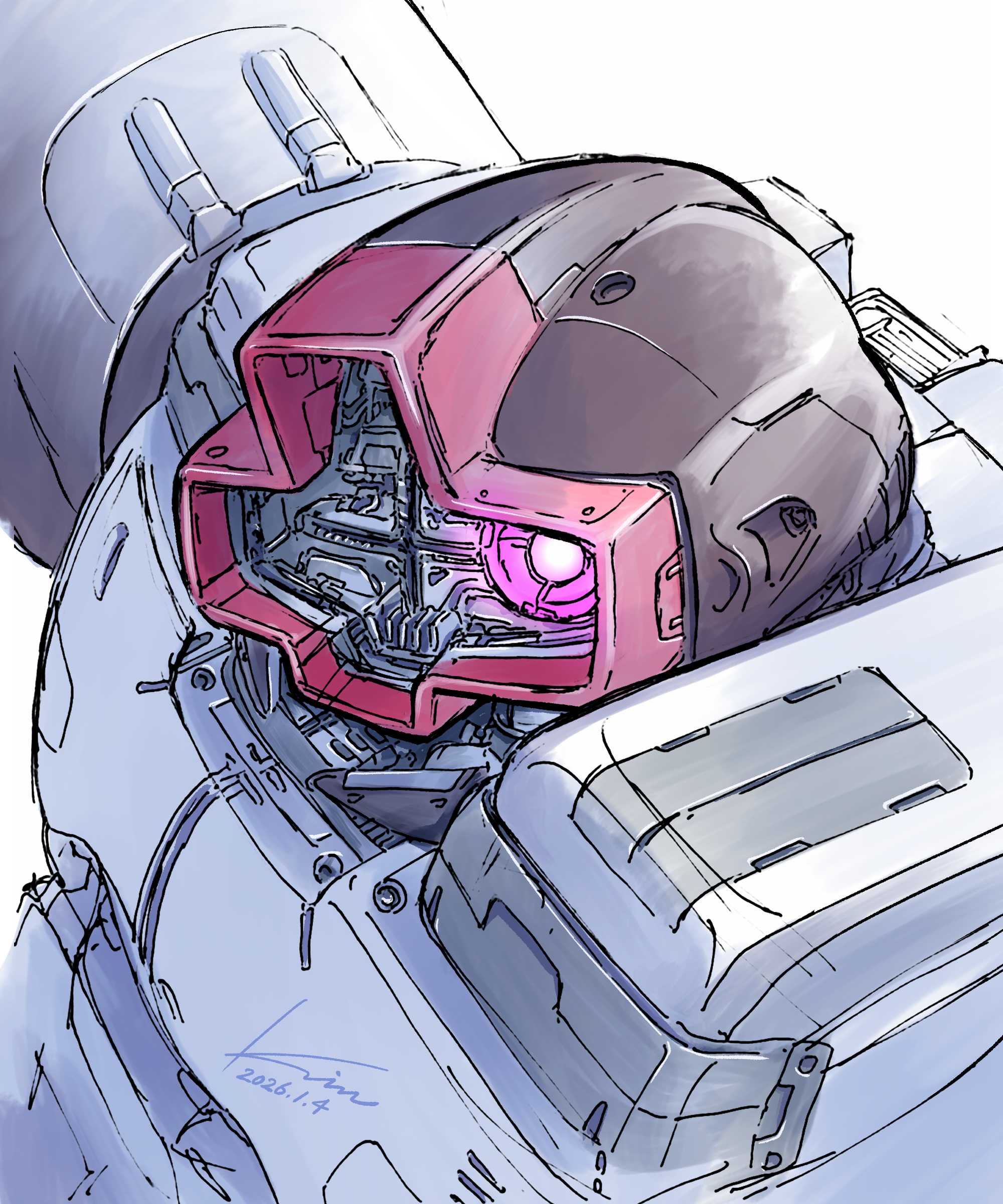 kobakin, dom (mobile suit), gundam, absurdres, commentary request, highres, dated, looking at viewer, mecha, mecha focus, mobile suit, one-eyed, red eyes, robot, science fiction, sideways glance, signature, simple background, solo, upper body, white background