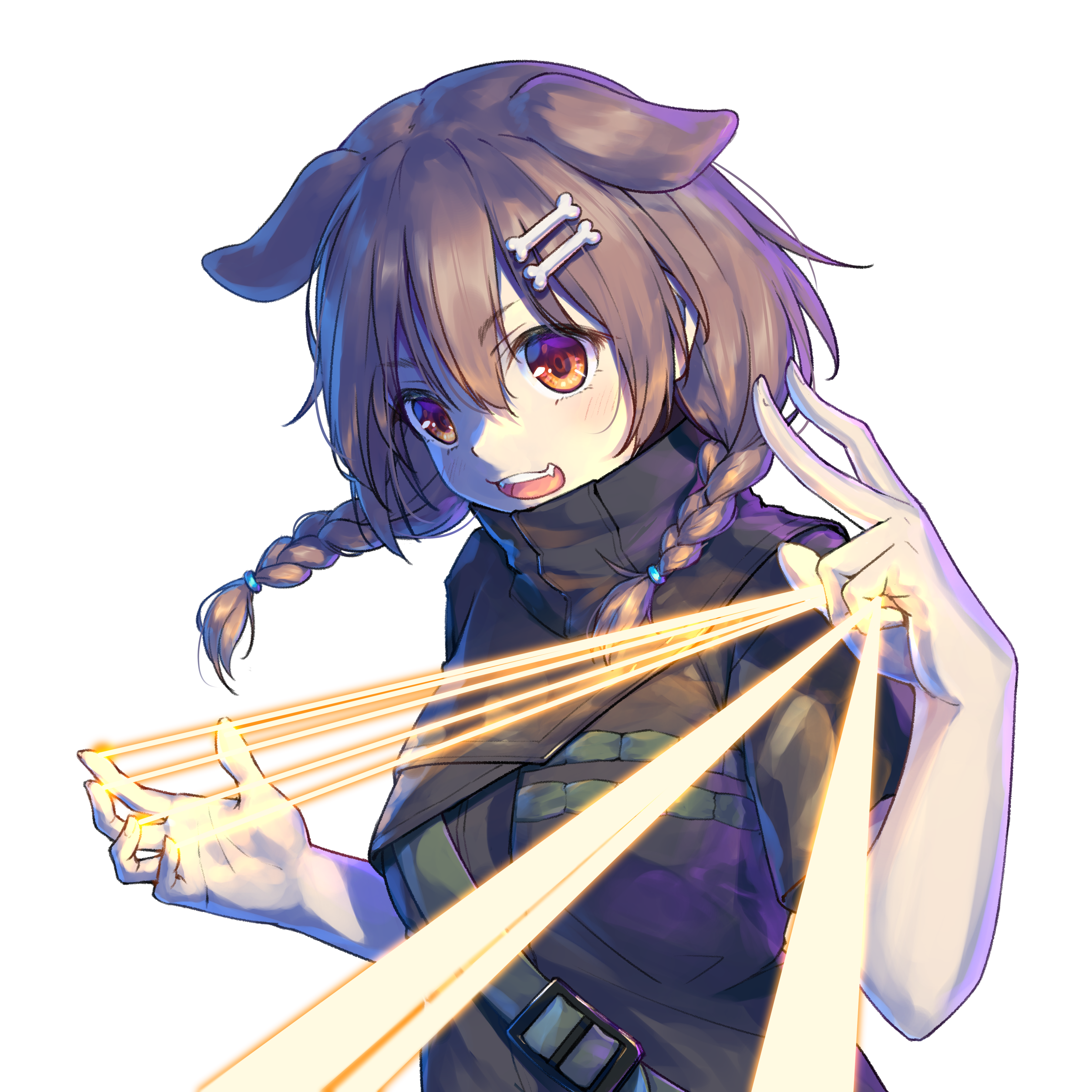 traveler (artbbt), inugami korone, hololive, absurdres, commentary request, highres, :d, akito (ghostwire), akito (ghostwire) (cosplay), animal ears, bone hair ornament, braid, braided twintails, brown eyes, brown hair, cosplay, dog ears, double-parted bangs, extra ears, fangs, finger beam, ghostwire: tokyo, hair between eyes, hair ornament, hairclip, high collar, long hair, low twin braids, low twintails, open mouth, parallel hairclips, short sleeves, simple background, smile, transparent background, twin braids, twintails, upper body, v-shaped eyebrows, virtual youtuber