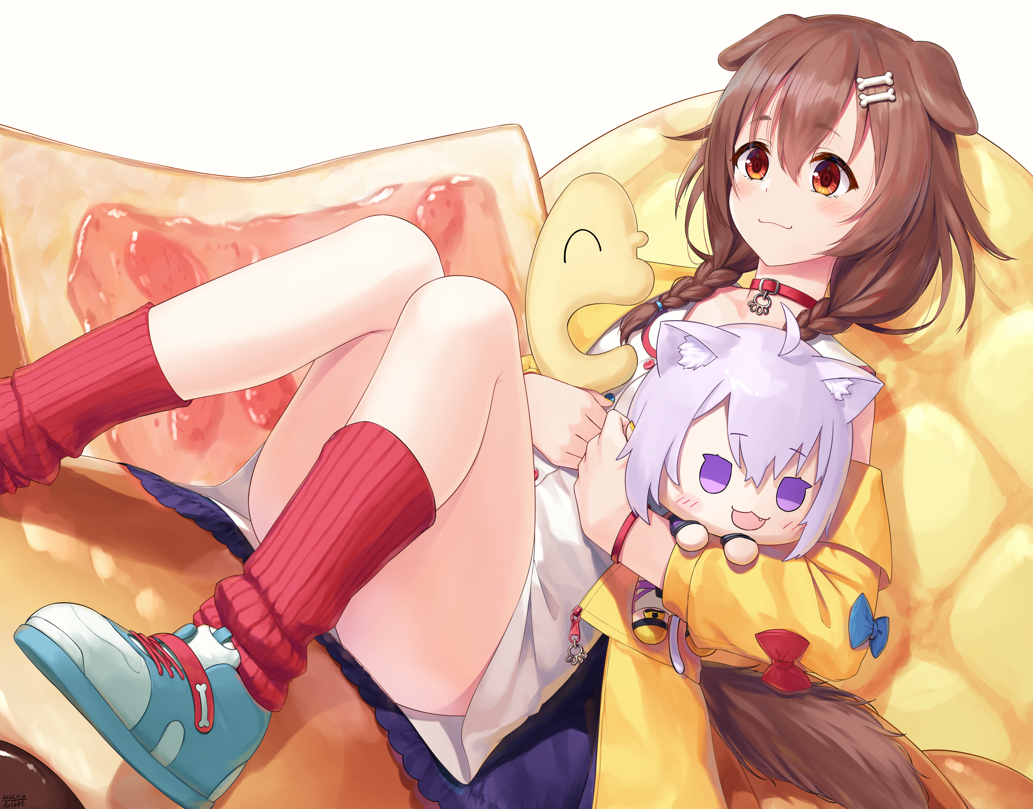 traveler (artbbt), inugami korone, inugami korone (1st costume), listener (inugami korone), nekomata okayu, hololive, absurdres, highres, 1girl, animal collar, animal ears, belt collar, blue shoes, bone hair ornament, braid, braided twintails, bread, brown eyes, brown hair, character doll, chocolate cornet, closed mouth, collar, convenient leg, dog ears, dog girl, dog tail, doll, double-parted bangs, dress, dutch angle, food, hair between eyes, hair ornament, hairclip, hugging doll, hugging object, jacket, knees up, long hair, loose socks, low twin braids, low twintails, melon bread, off shoulder, open clothes, open jacket, oversized food, oversized object, parallel hairclips, paw pendant, red collar, red socks, shoes, short dress, sitting, sleeveless, sleeveless dress, smile, sneakers, socks, solo, tail, twin braids, twintails, virtual youtuber, white dress, wristband, yellow jacket